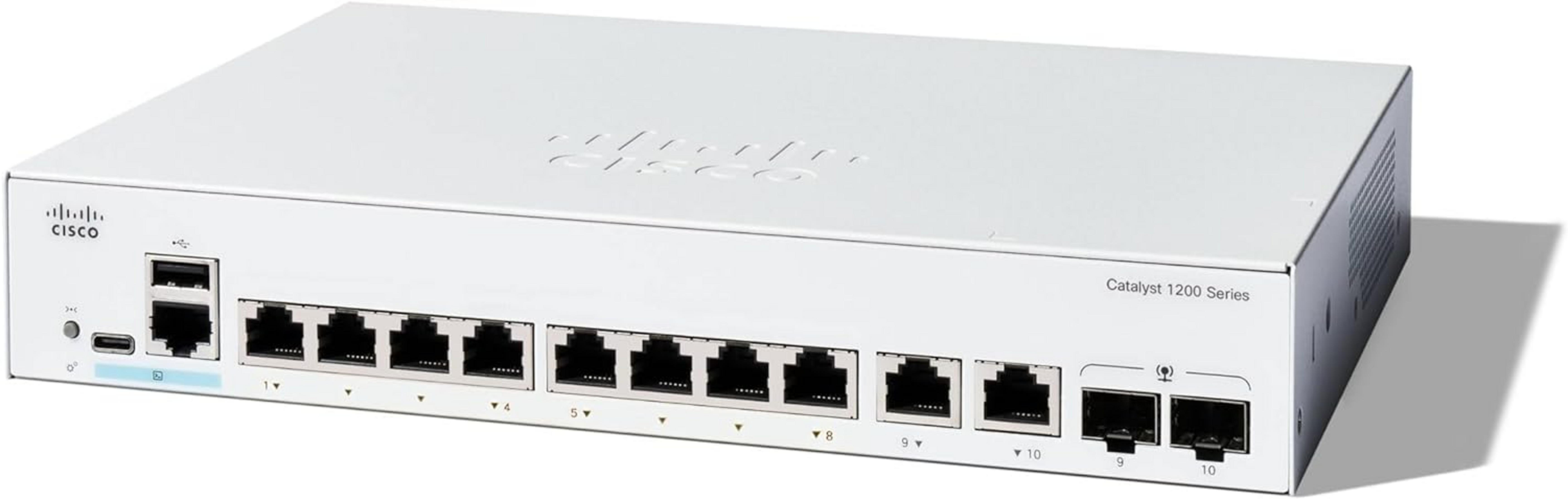 Biały przełącznik Cisco Catalyst 1200 Series z wieloma portami.