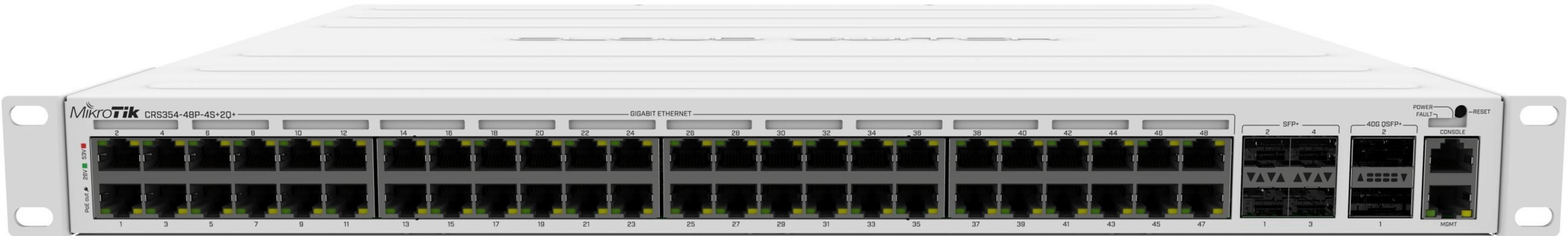 Ein weißer Mikrotik CRS354-48P-4S+20+ Netzwerk-Switch mit 48 Ethernet-Ports.