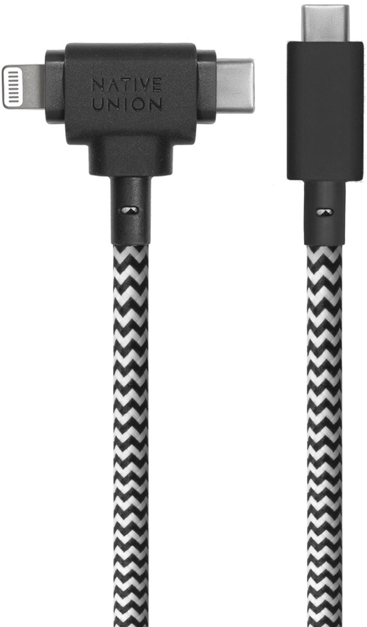 Cavo Native Union con connettori Lightning e USB-C, motivo a chevron bianco e nero.