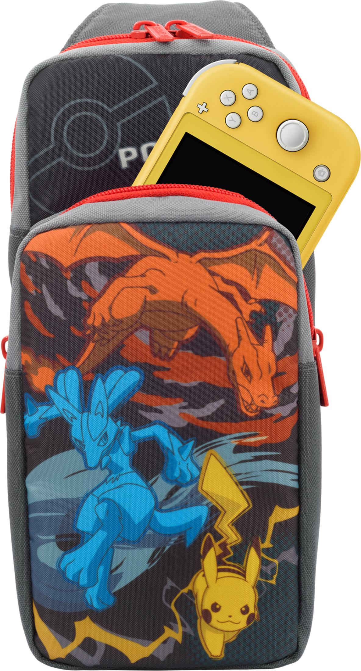 Szara torba z motywami Pokémon: Charizard, Lucario i Pikachu. Żółty Nintendo Switch Lite.