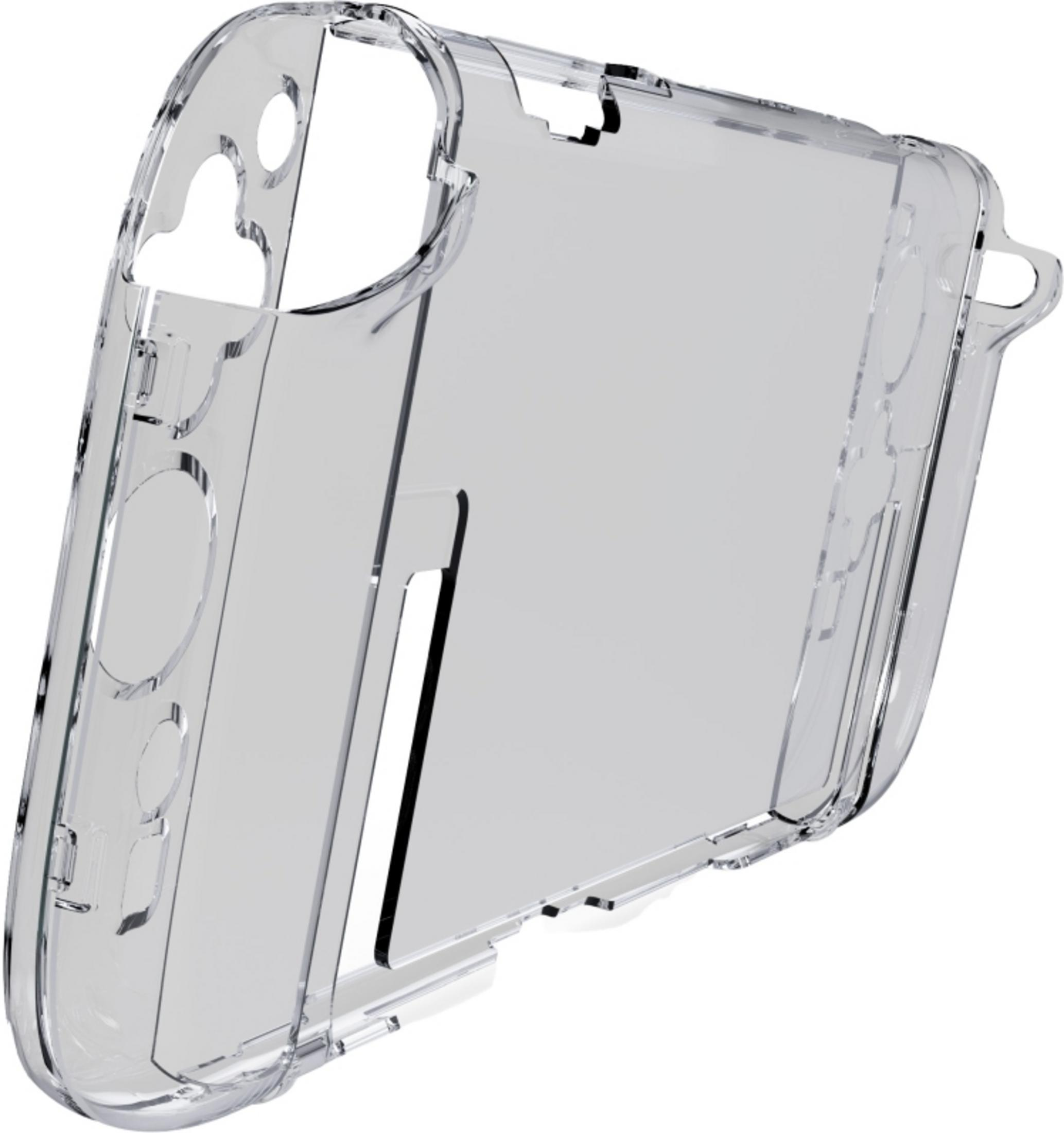 Funda transparente con recortes para botones y puertos.