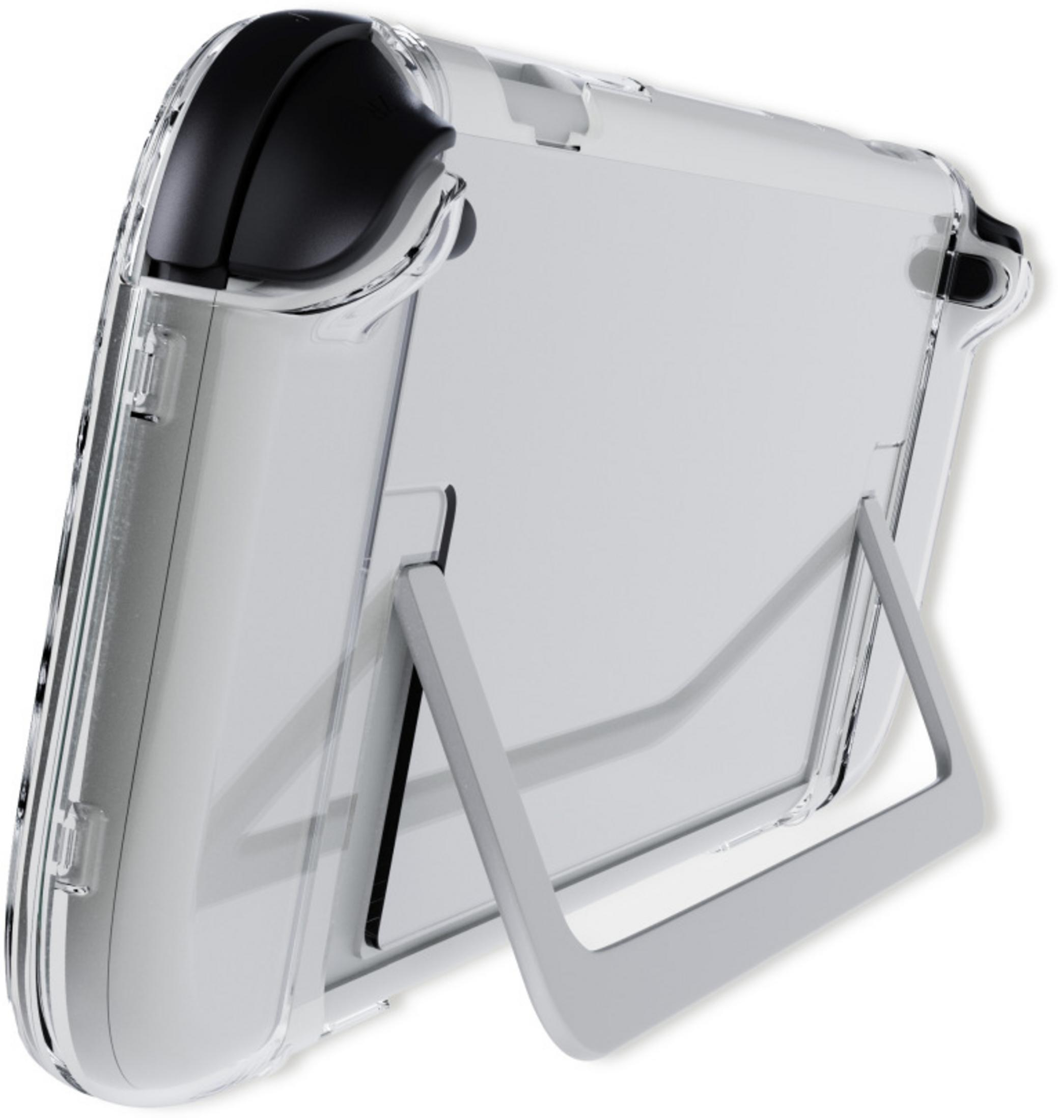 Funda transparente con soporte integrado para un dispositivo.