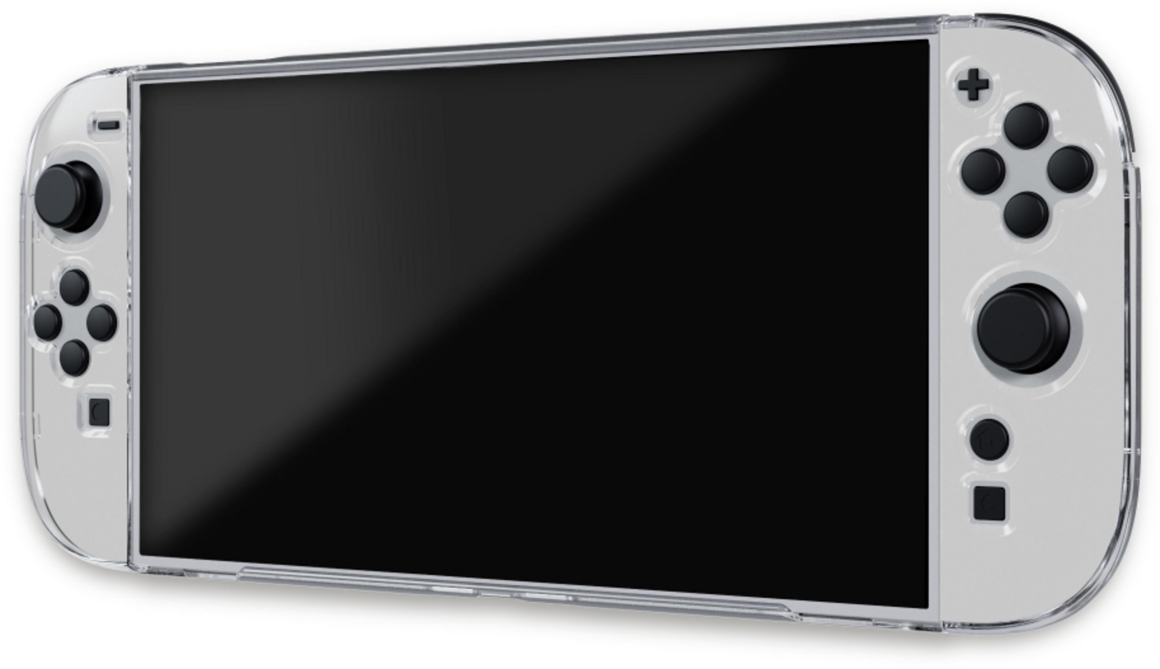 Una consola Nintendo Switch blanca en funda transparente con botones negros.