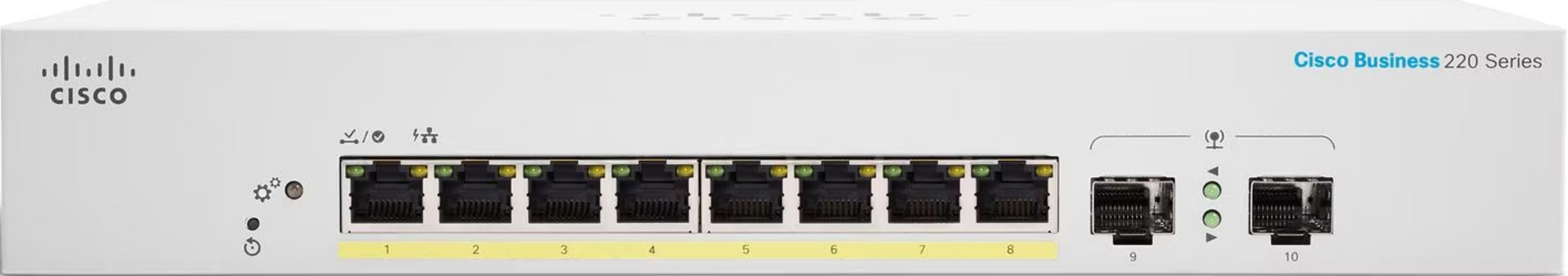Biały przełącznik sieciowy Cisco Business 220 Series z 10 portami.