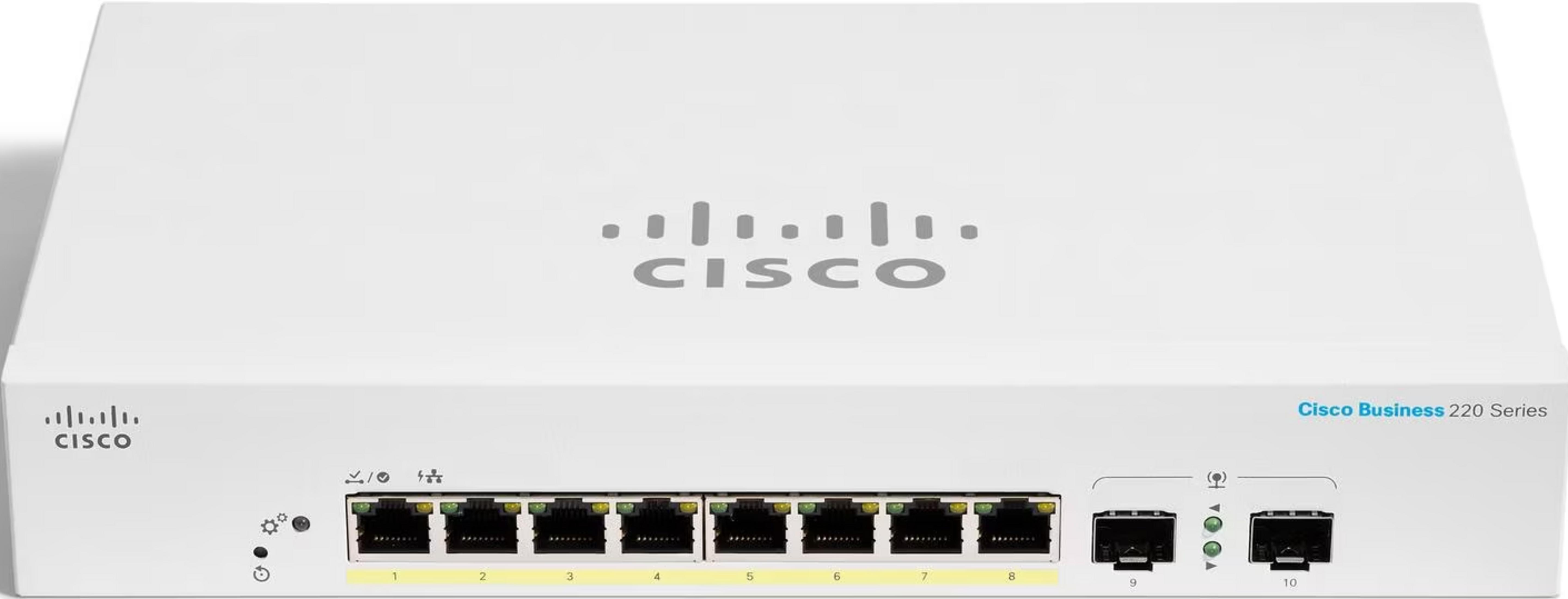 Biały przełącznik Cisco Business 220 Series z 8 portami Ethernet z przodu.
