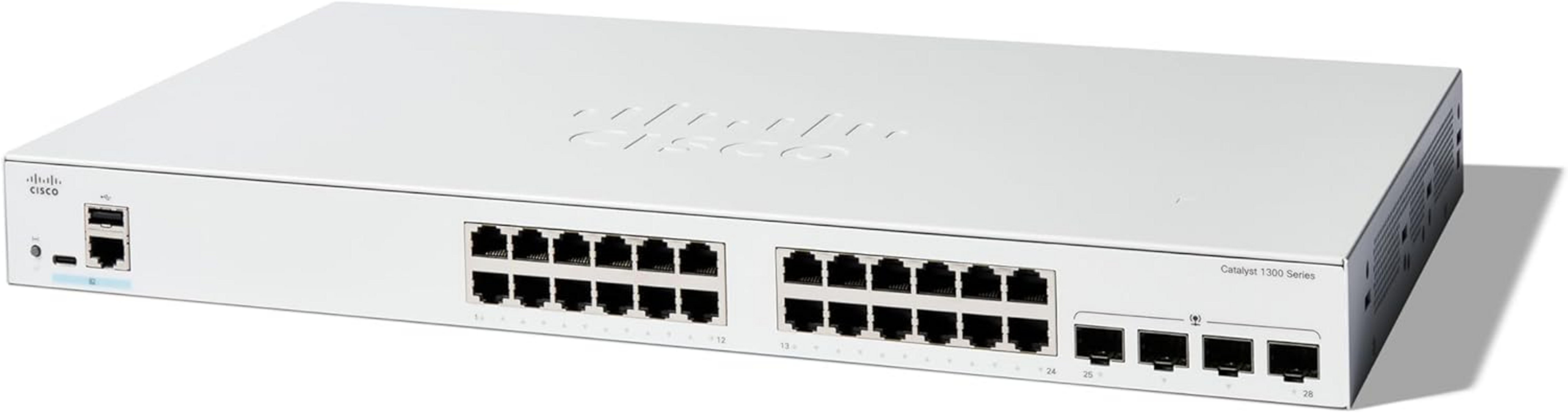 Biały przełącznik Cisco Catalyst 1300 Series z licznymi portami Ethernet.
