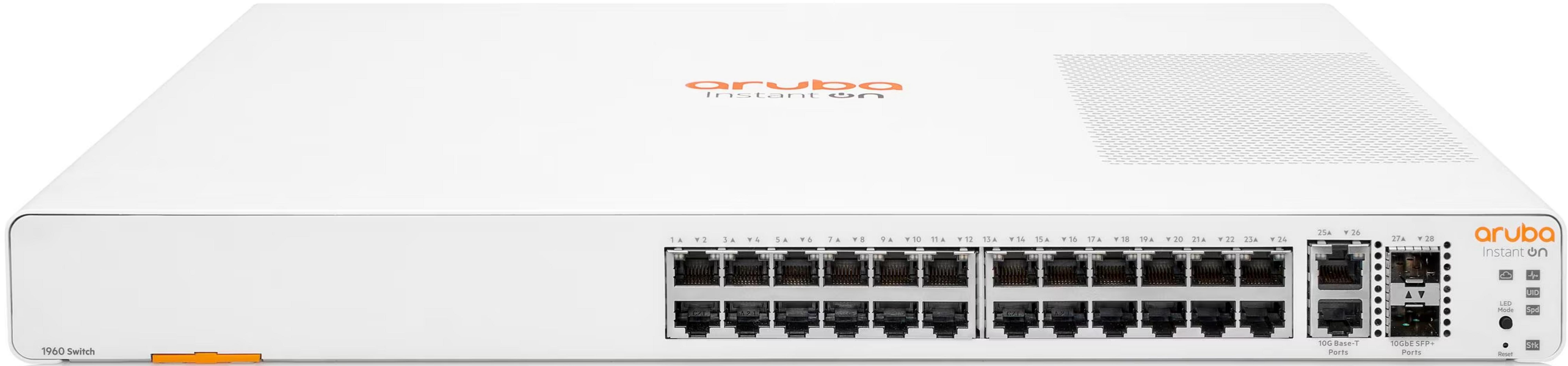 Een witte Aruba Instant On 1960 switch met 24 RJ45-poorten en 4 SFP+-poorten.