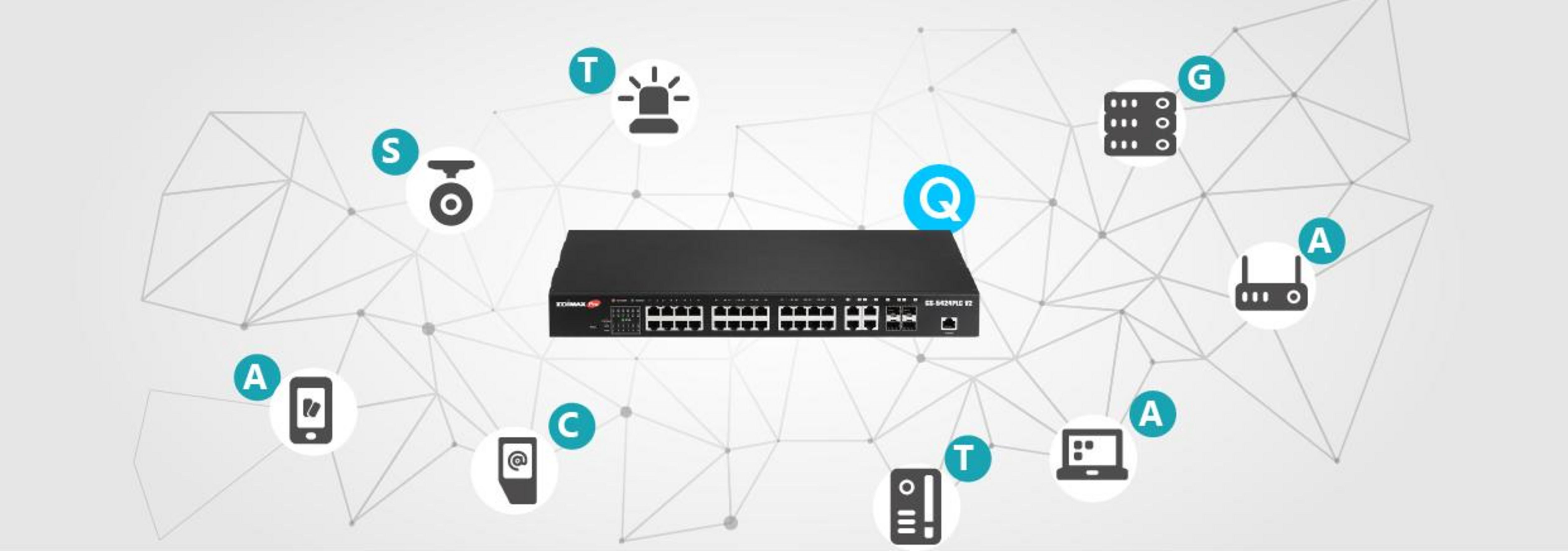 Przełącznik sieciowy z ikonami telefonu, kamery, serwera, laptopa i alarmu.