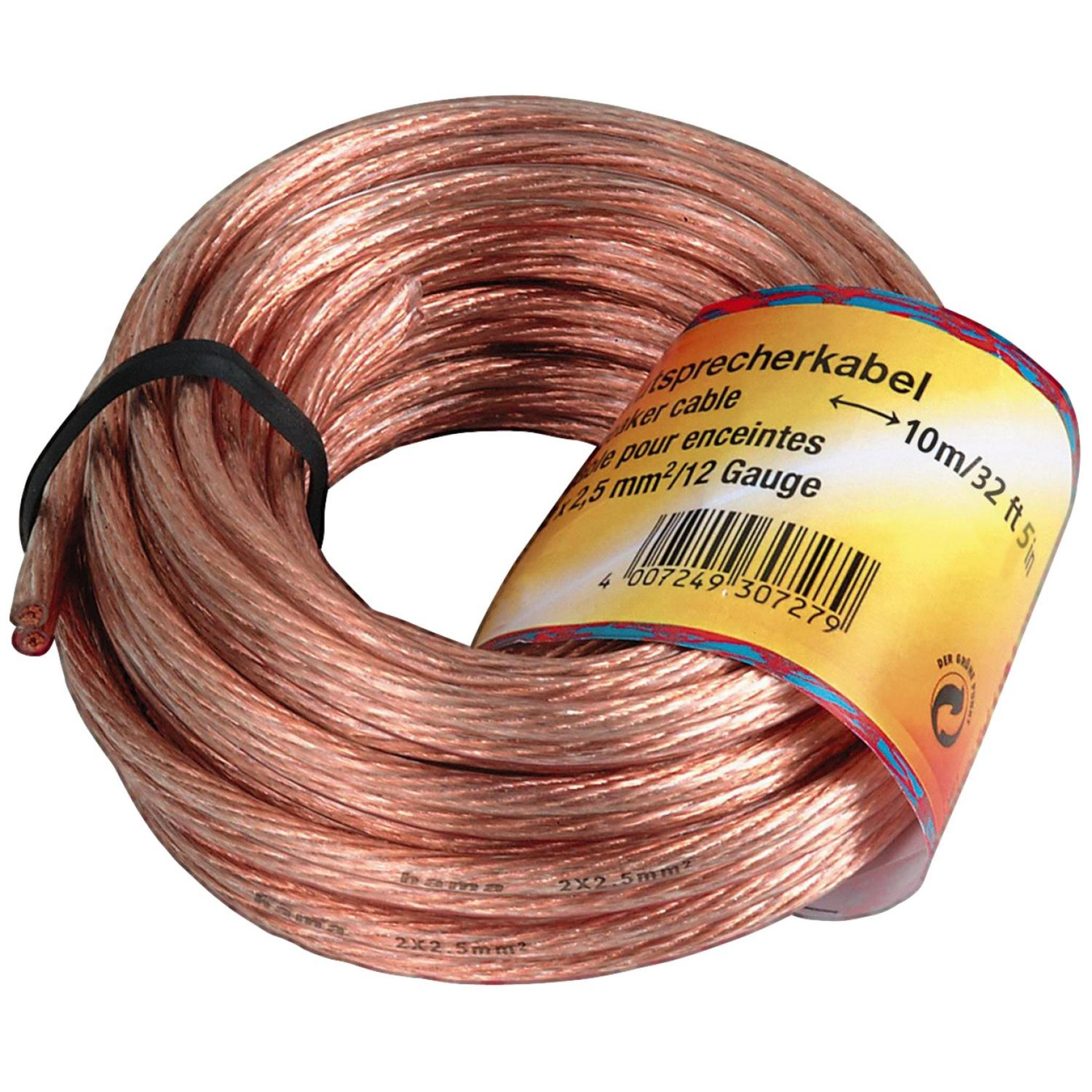 Eine Spule Kupfer-Lautsprecherkabel, 10m/32ft, 2,5mm²/12 Gauge, mit gelbem Etikett.