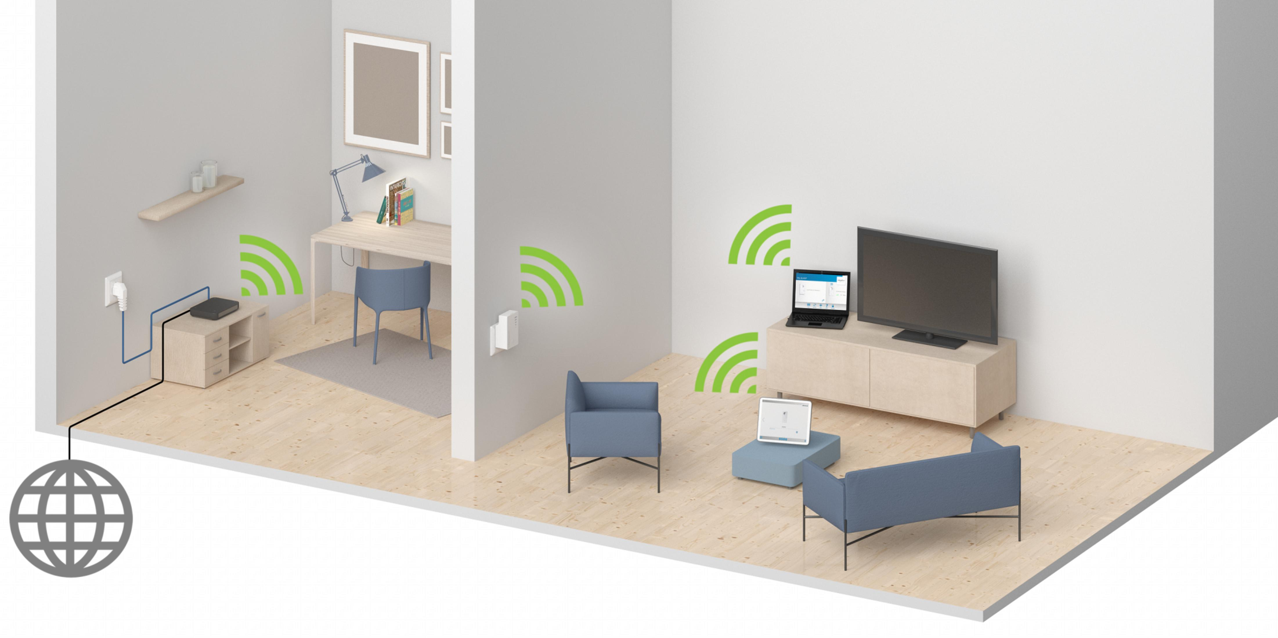 Un router, amplificadores y dispositivos en una configuración de hogar elegante.