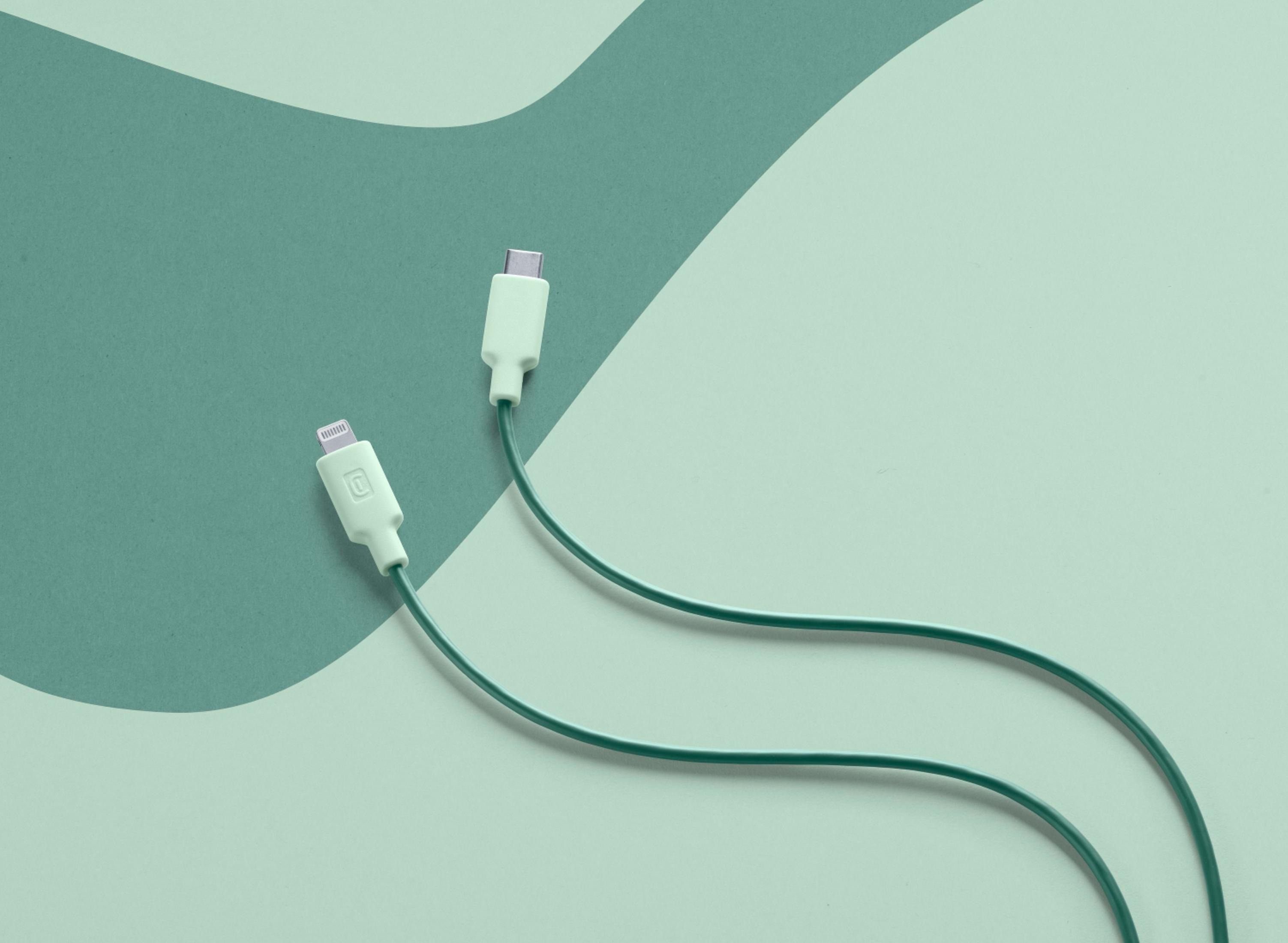 Dos cables de carga verdes, uno USB-C y otro Lightning, yacen sobre fondo verde menta.