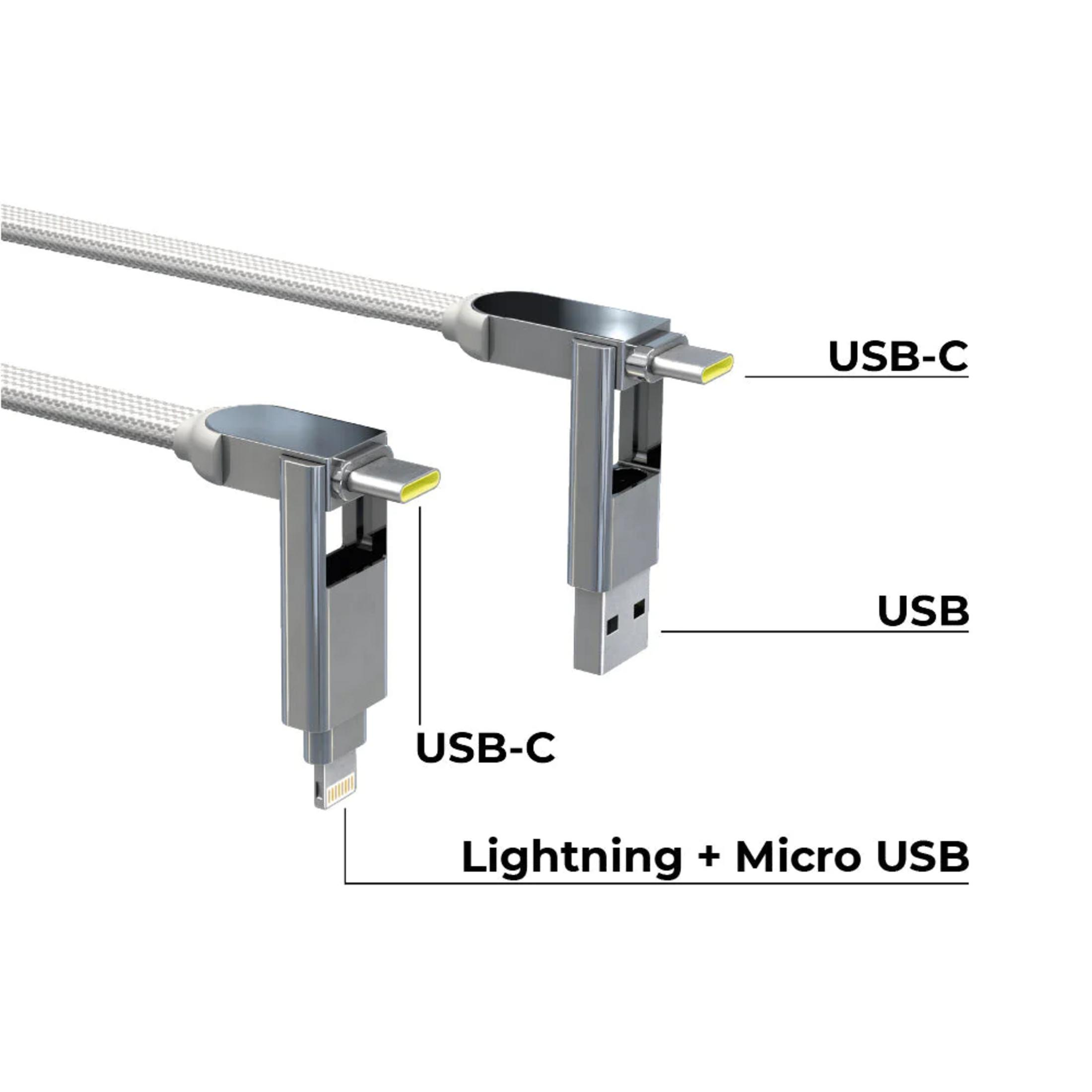 Un câble USB-C avec connecteurs Lightning et Micro USB.