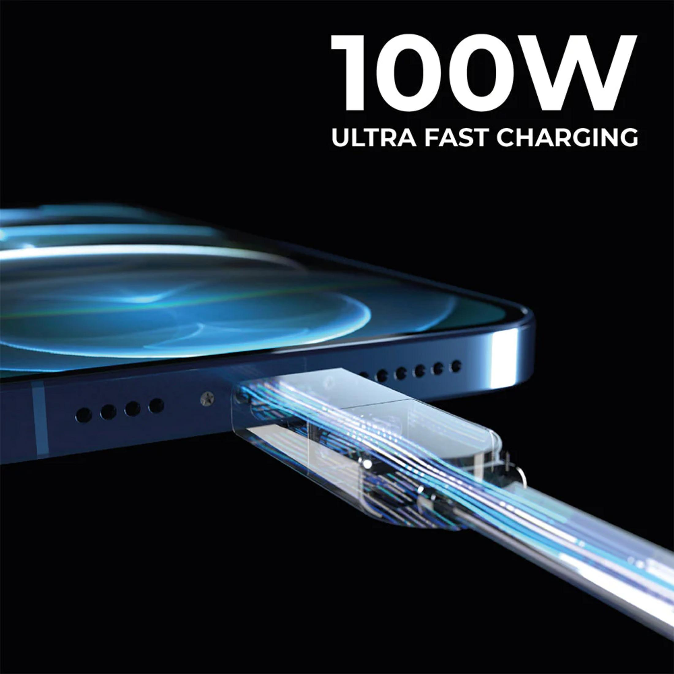 Un smartphone est connecté à un câble de chargement, indiquant une charge ultra-rapide de 100W.