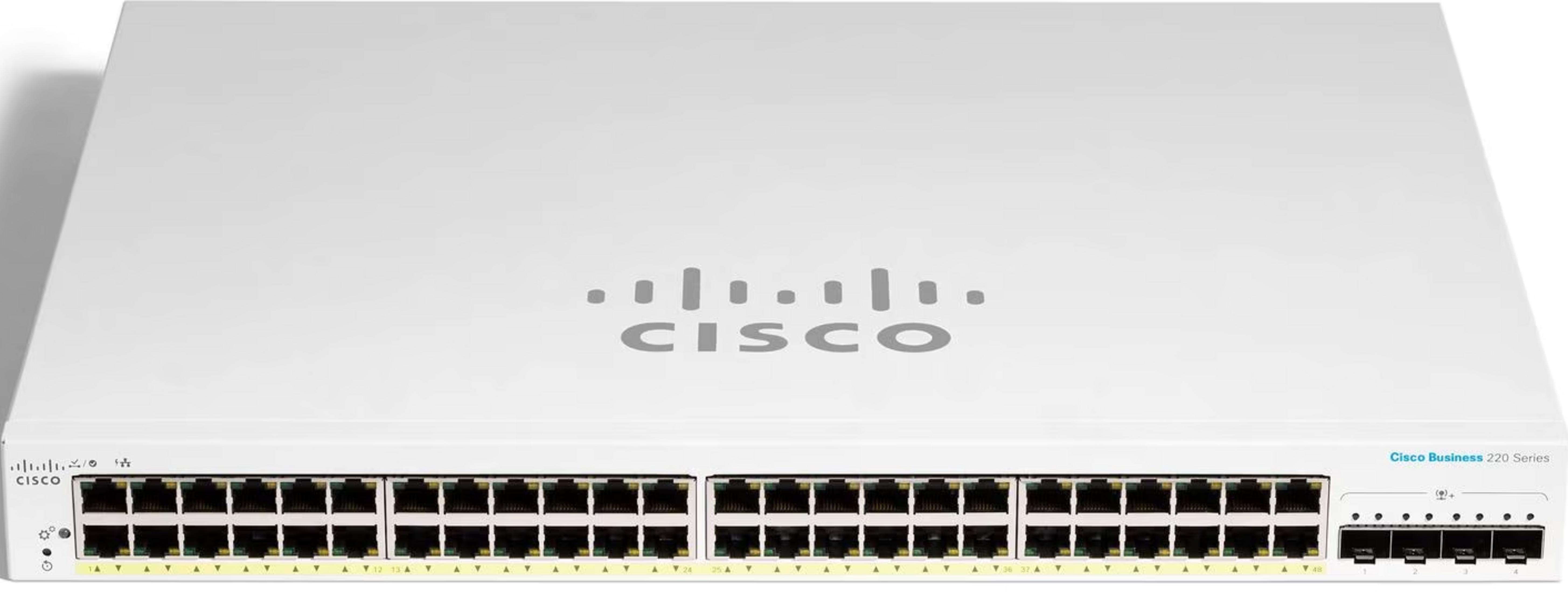 Biały przełącznik Cisco Business 220 Series z 48 portami.