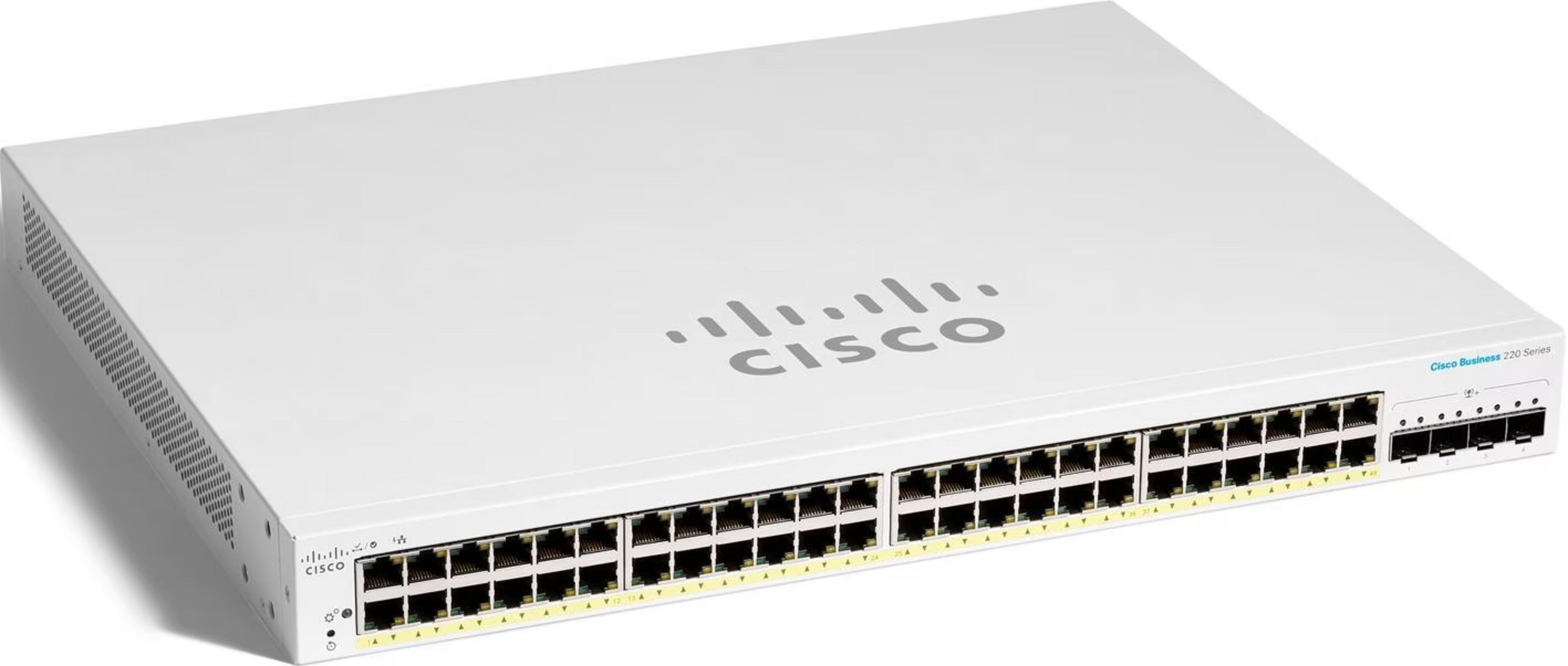 Un switch Cisco Business 220 Series blanc avec de nombreux ports Ethernet.