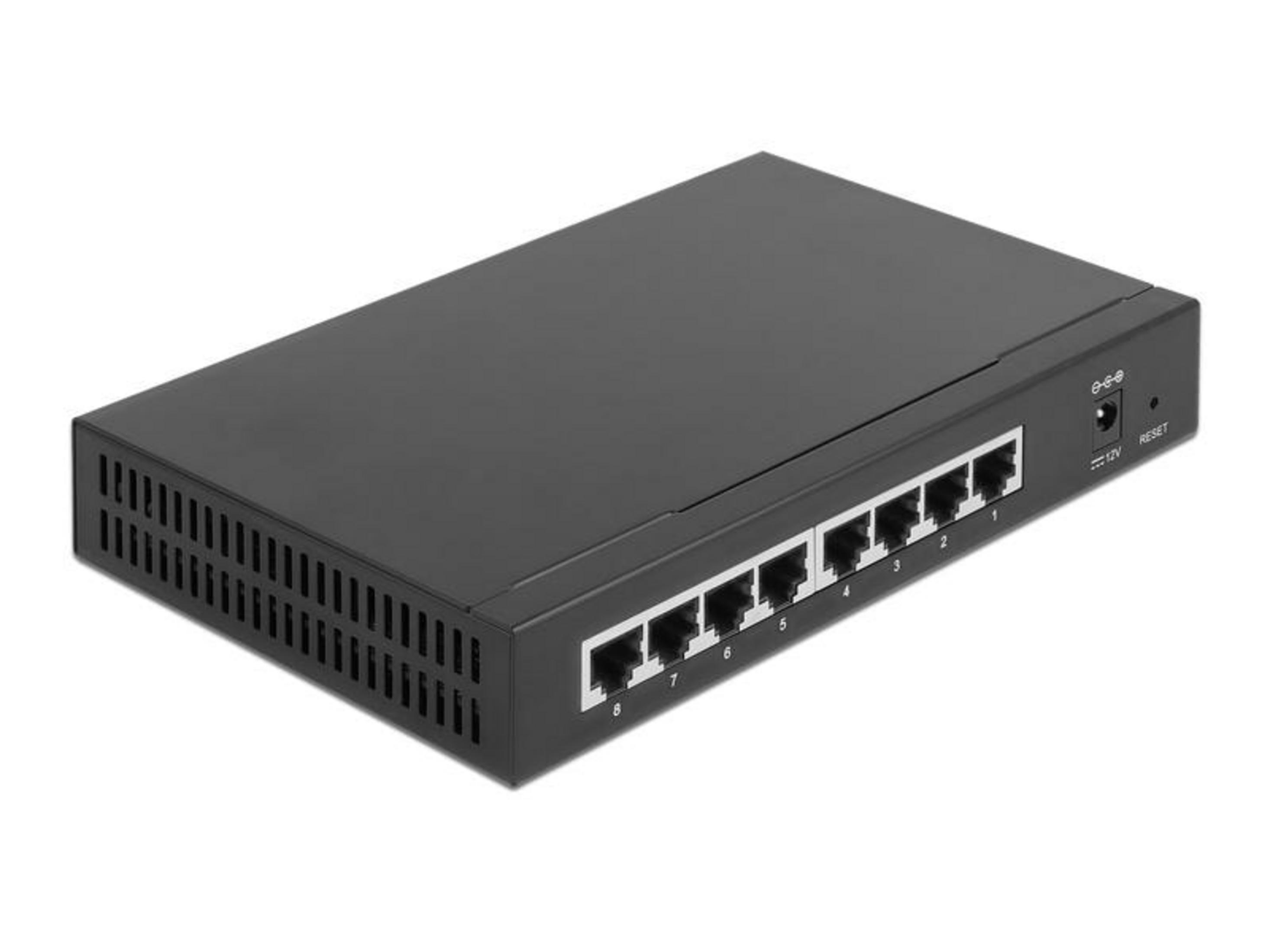 Ein schwarzer Netzwerk-Switch mit 8 Ports und Lüftungsschlitzen.