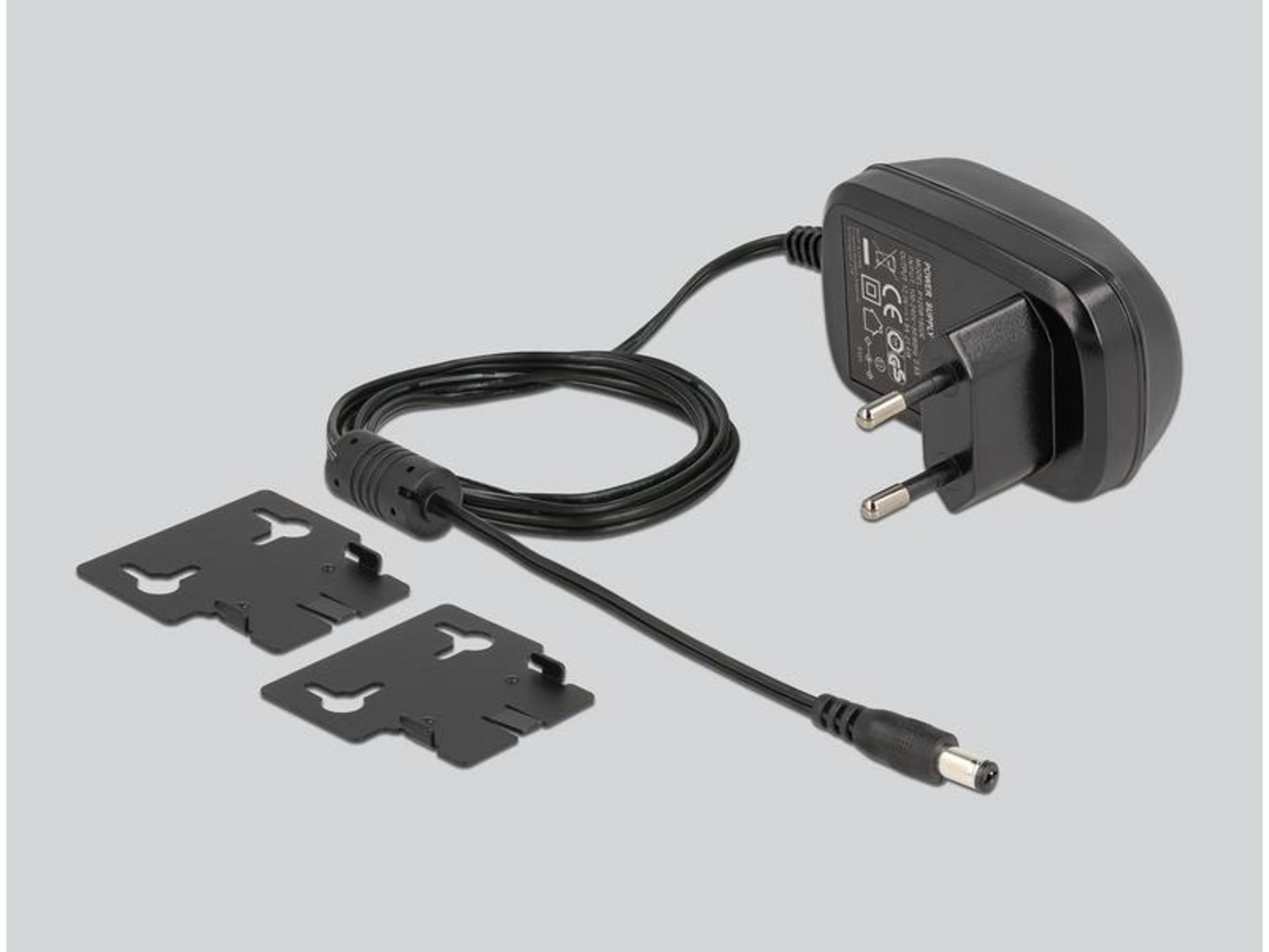 Ein schwarzes Netzteil mit Kabel und zwei Halterungen.