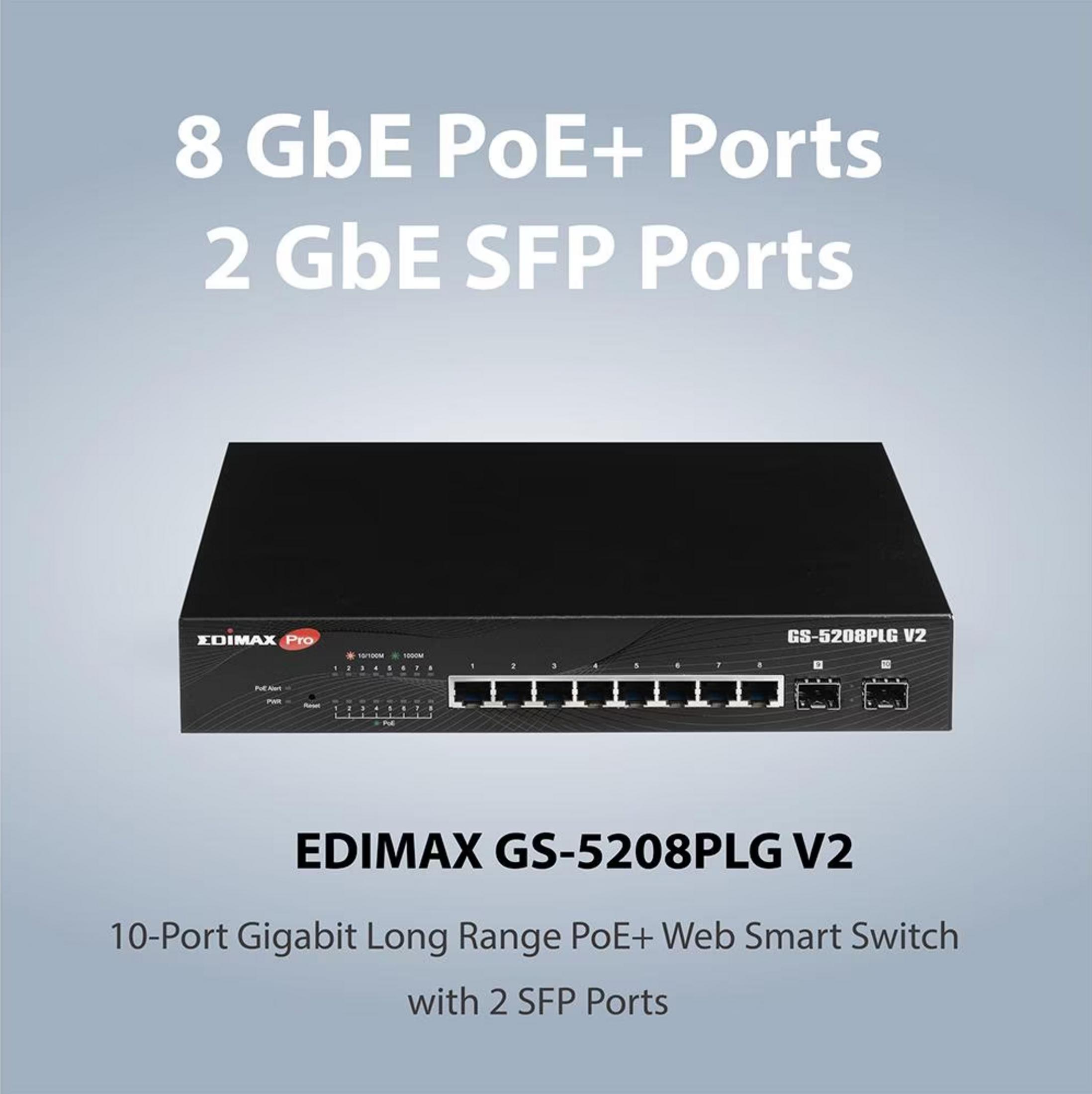 Czarny przełącznik Edimax GS-5208PLG V2 z 8 portami PoE+ i 2 SFP.