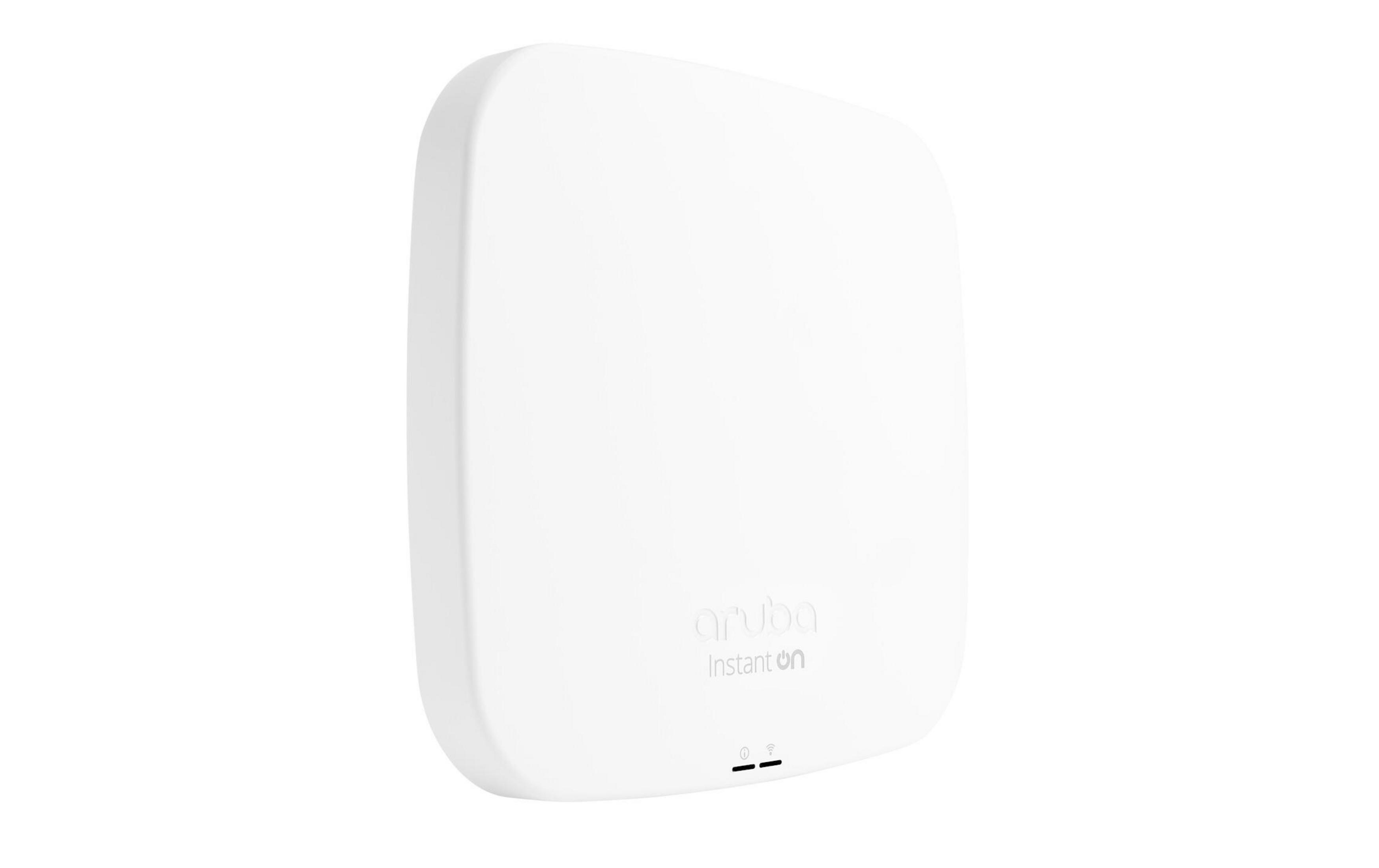 Biały punkt dostępowy Aruba Instant On, kwadratowy z zaokrąglonymi rogami.