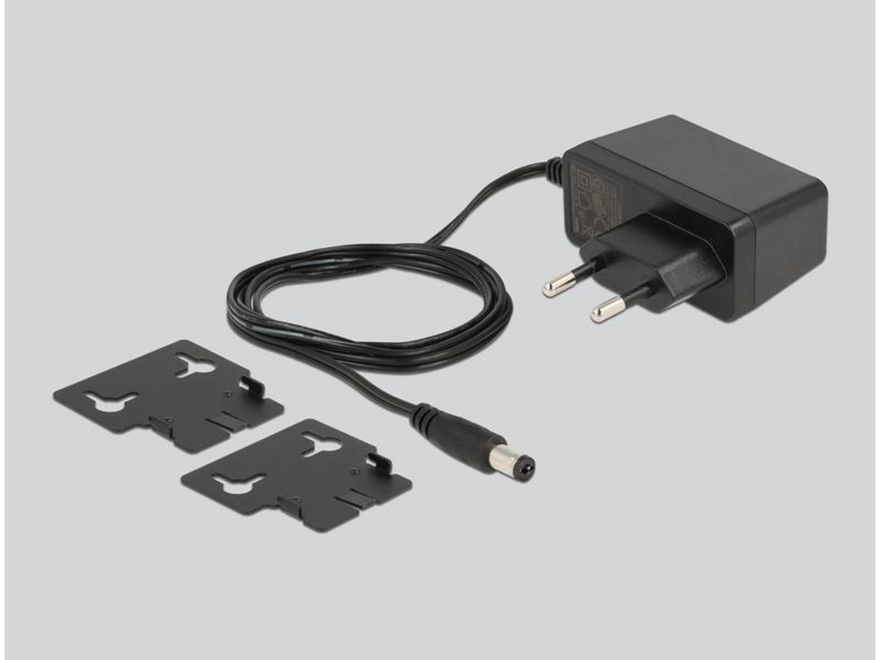 Zwarte stroomadapter met kabel en twee beugels.