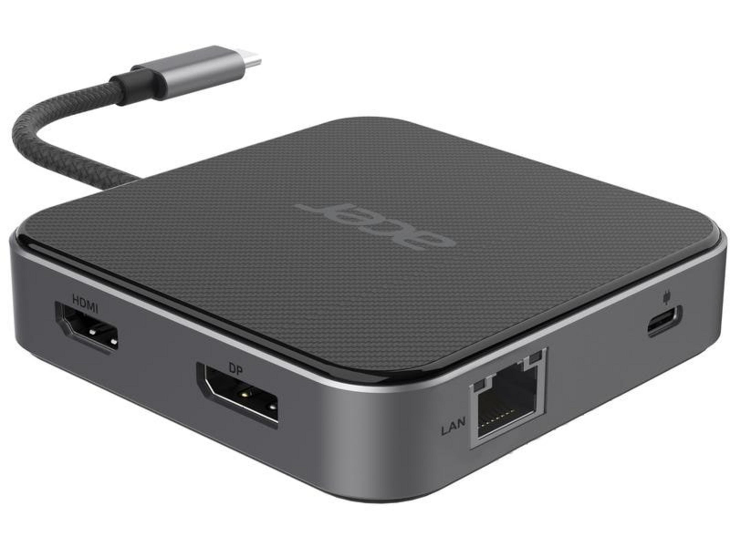Hub Acer nero con porte HDMI, DP, LAN e USB-C e cavo intrecciato.