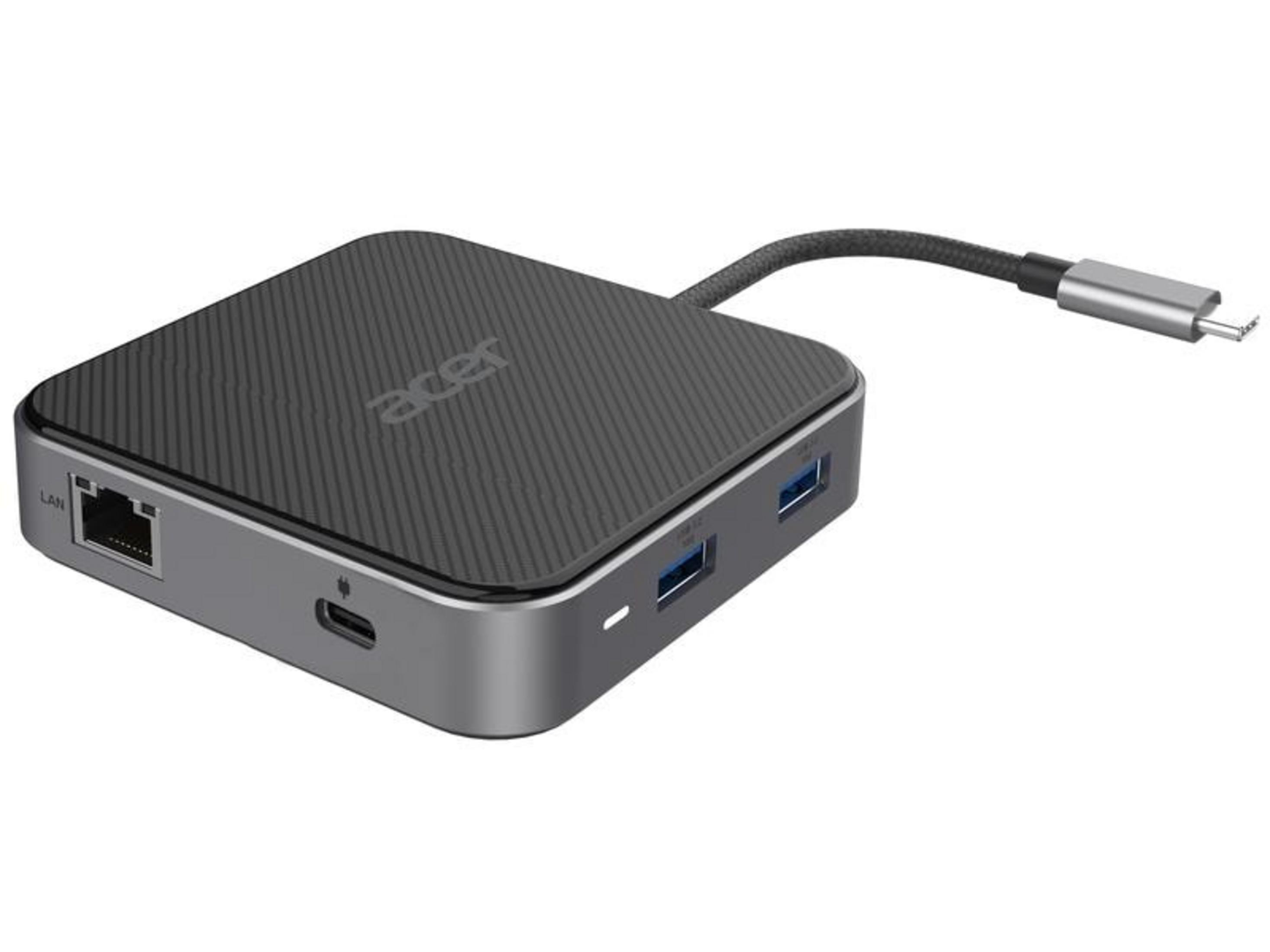 Un hub USB-C Acer grigio con porte LAN, USB-A e USB-C.