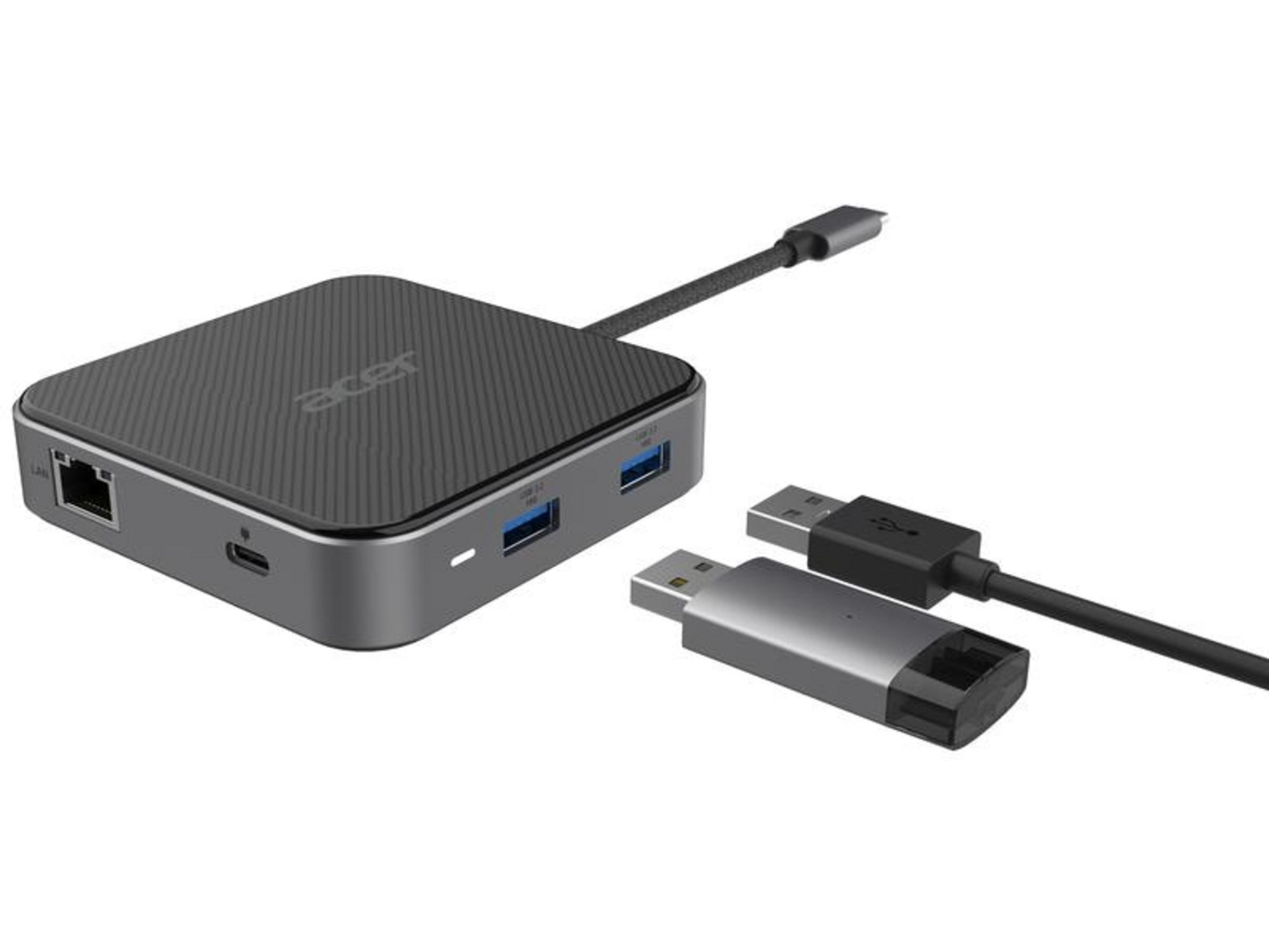 Un hub USB-C Acer grigio con due porte USB-A, LAN e connessione USB-C.