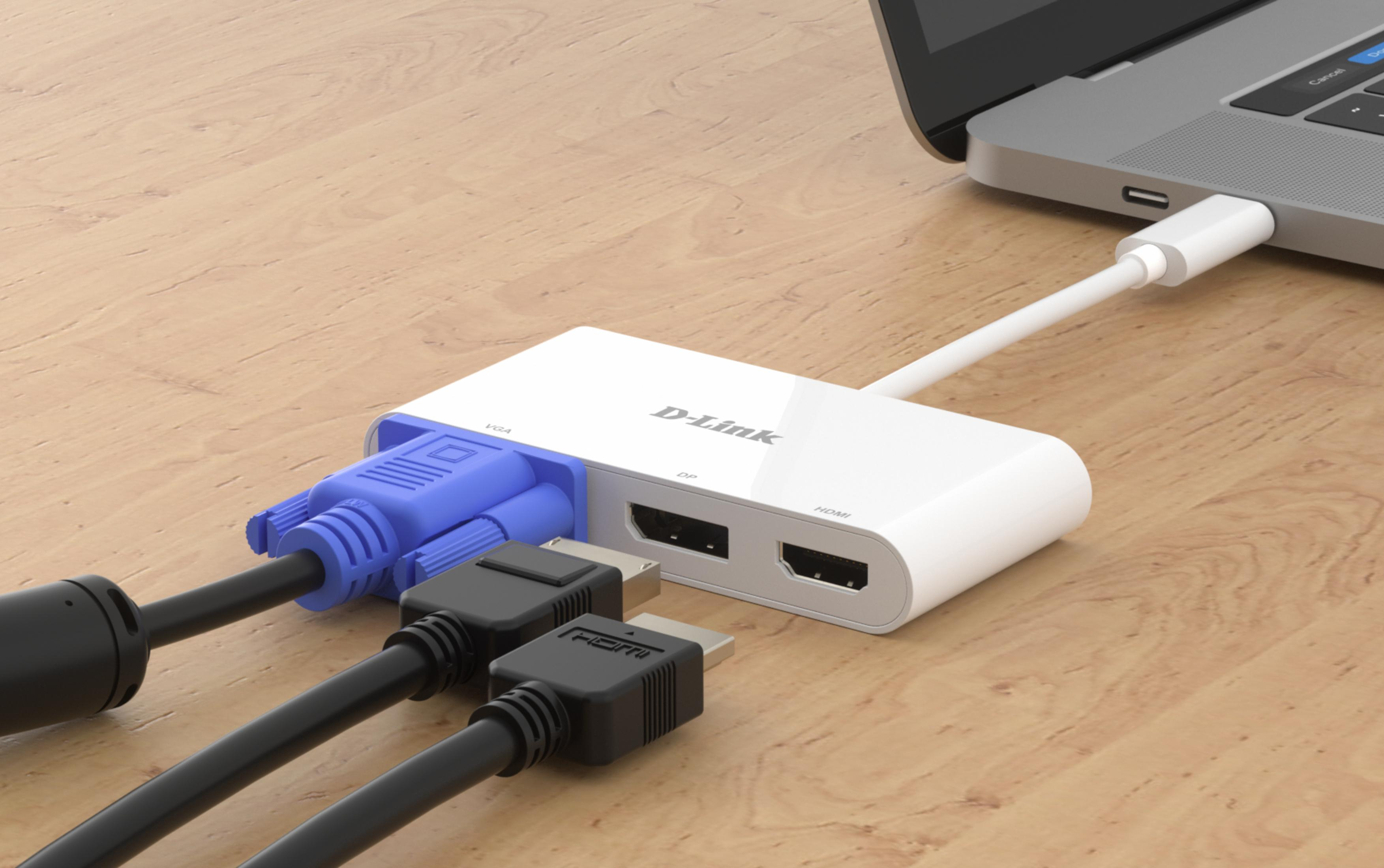 Un adattatore D-Link bianco con porte VGA, DP e HDMI collegato a un laptop.