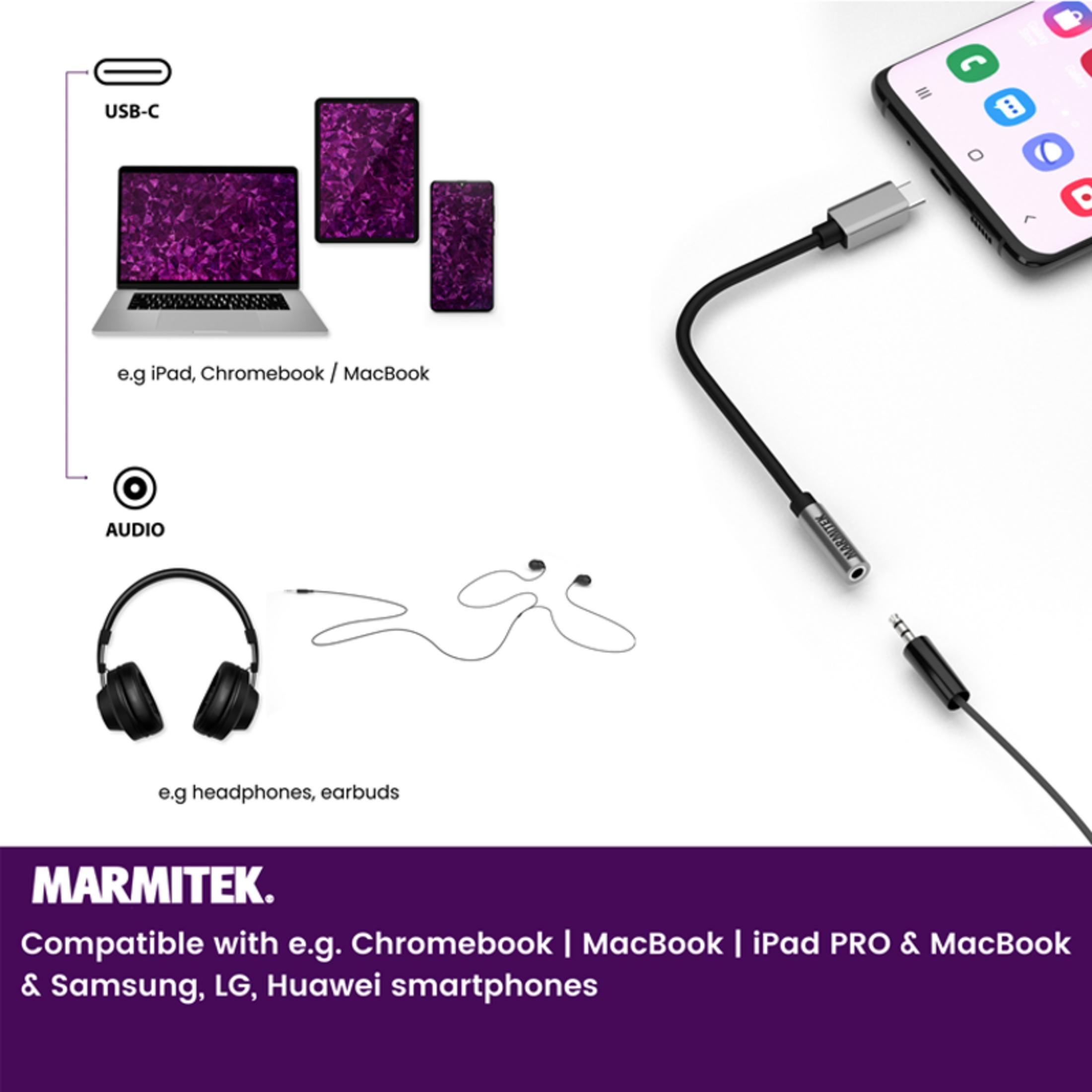 Adattatore USB-C con telefono e laptop; cavo audio con cuffie.