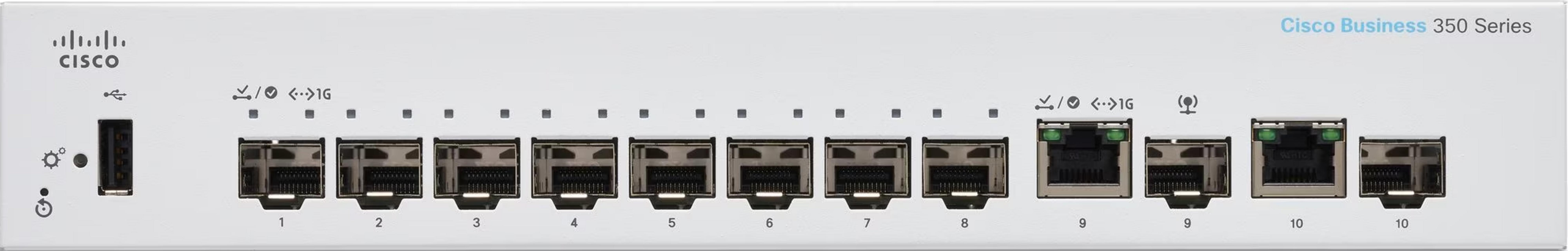 Switch Cisco Business 350 Series bianco con 10 porte e una porta USB.