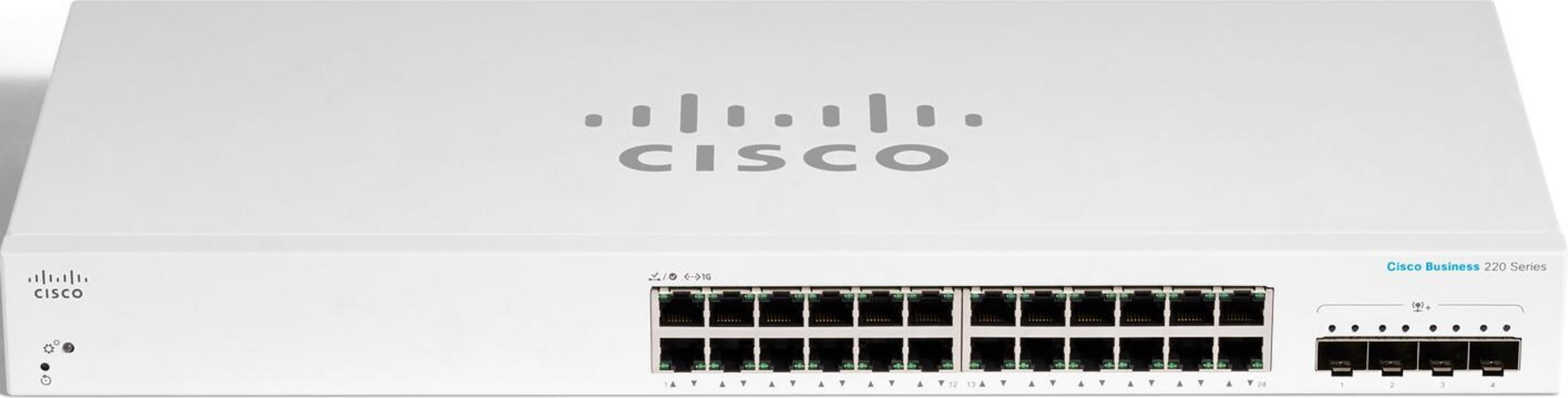 Biały przełącznik Cisco Business 220 Series z 24 portami i 4 dodatkowymi portami.
