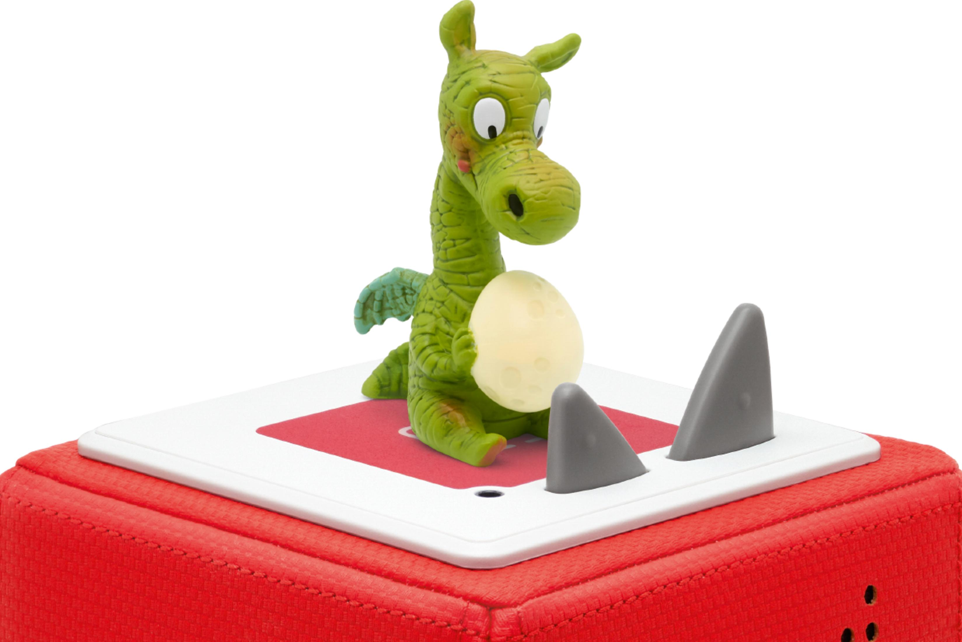 Grüner Drache hält Ei auf rotem Kasten mit weißen und grauen Elementen.