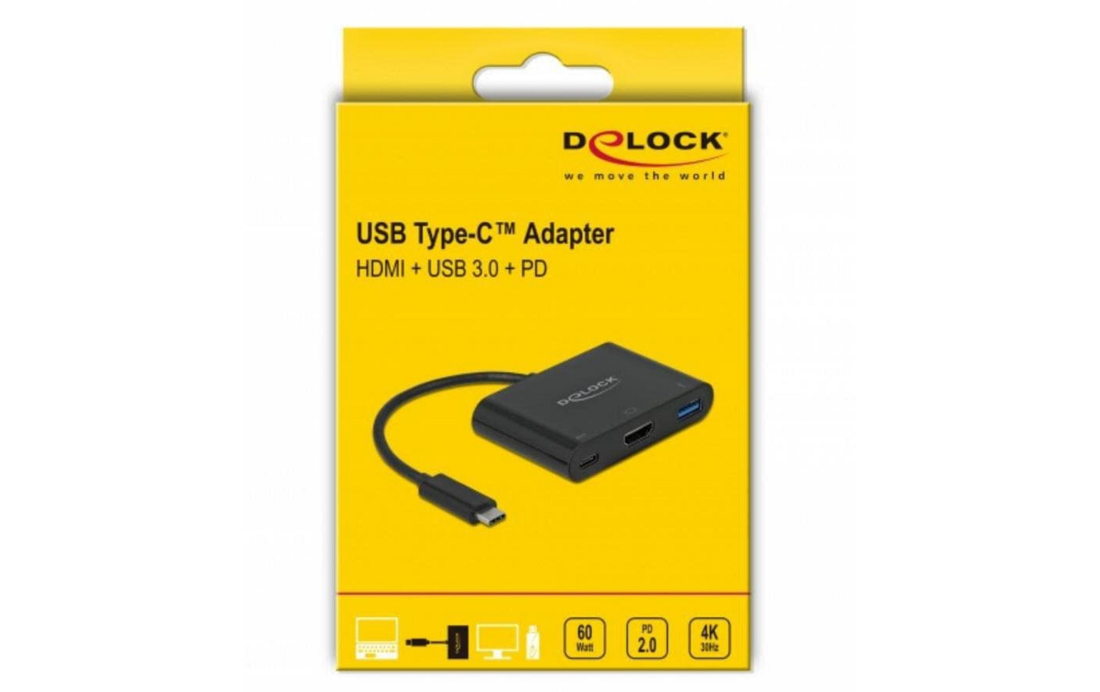 Adattatore Delock USB-C con HDMI, USB 3.0 e PD su confezione gialla.