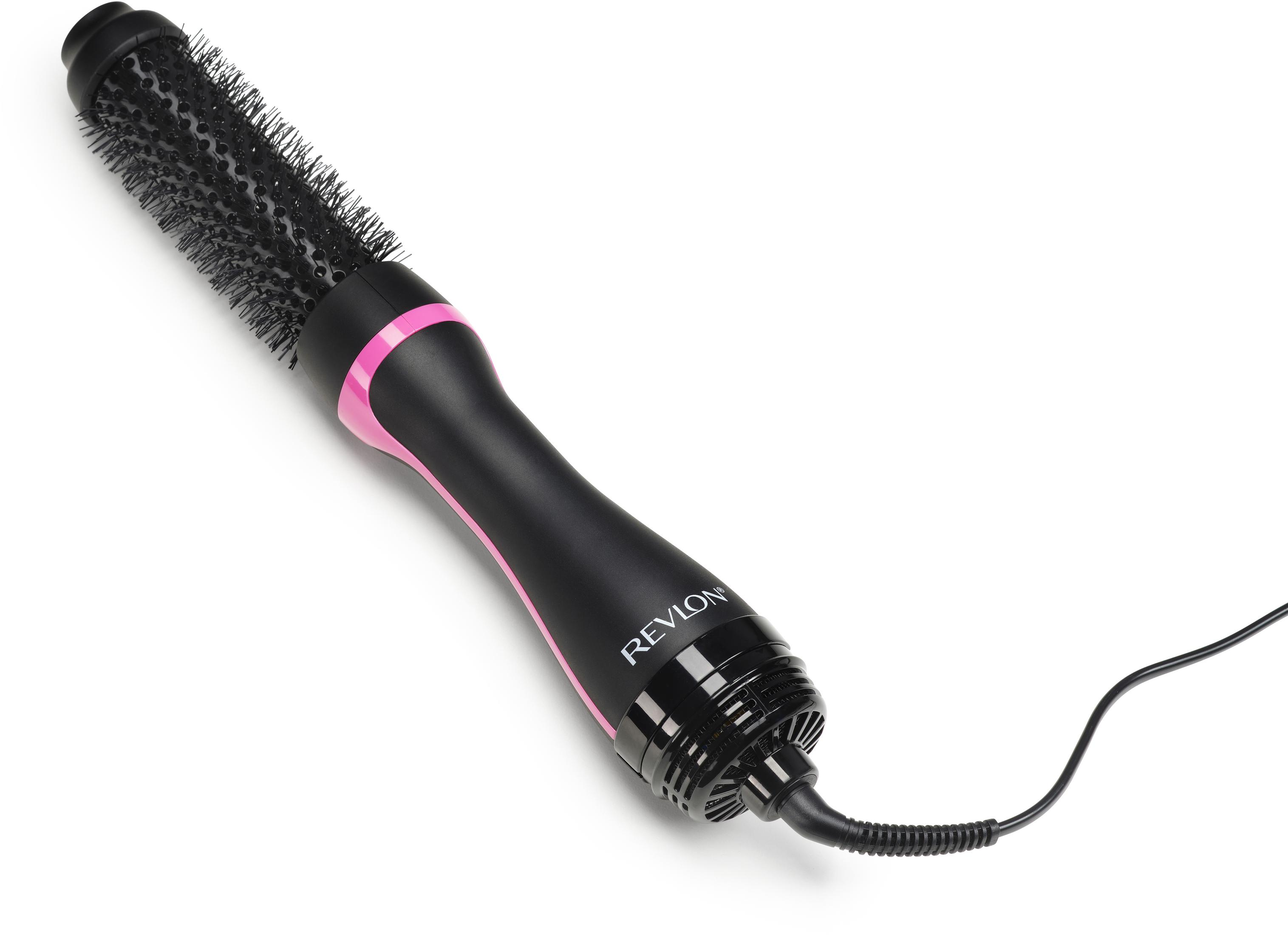 Schwarzer Revlon Haartrockner mit rosa Akzenten und Rundbürste.
