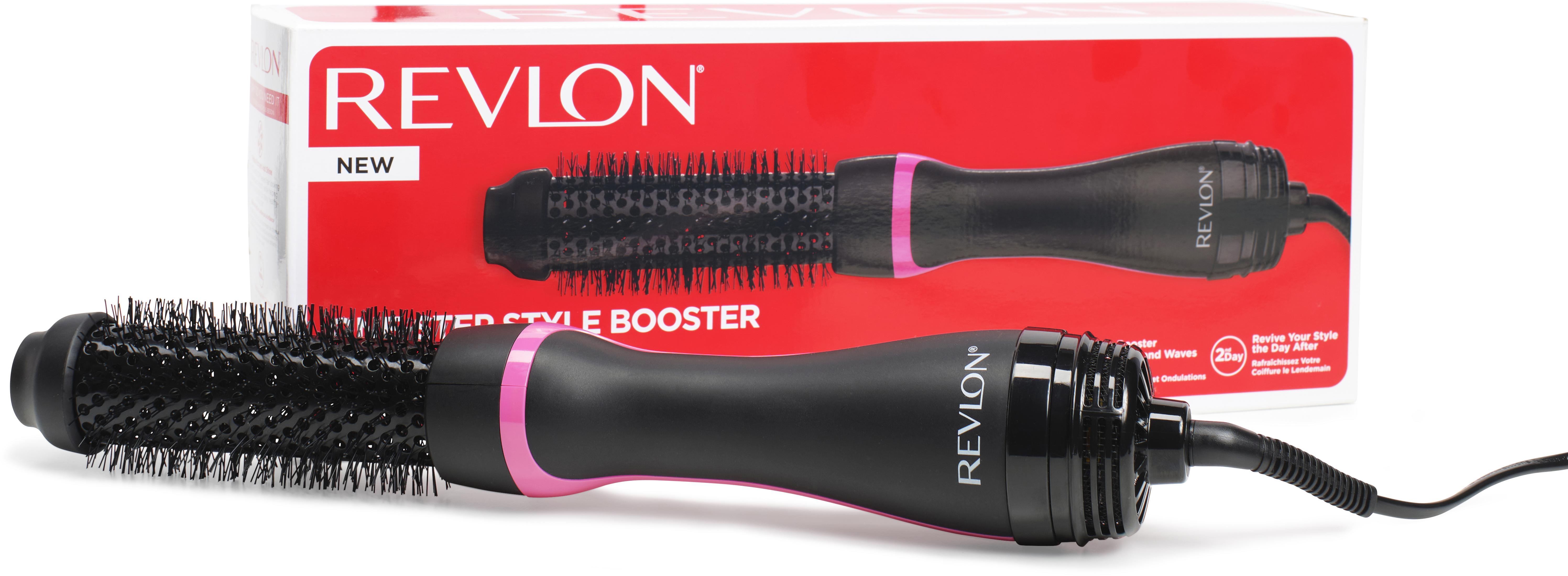 Ein schwarzer Revlon Haartrockner mit rosa Akzenten und ein Karton.
