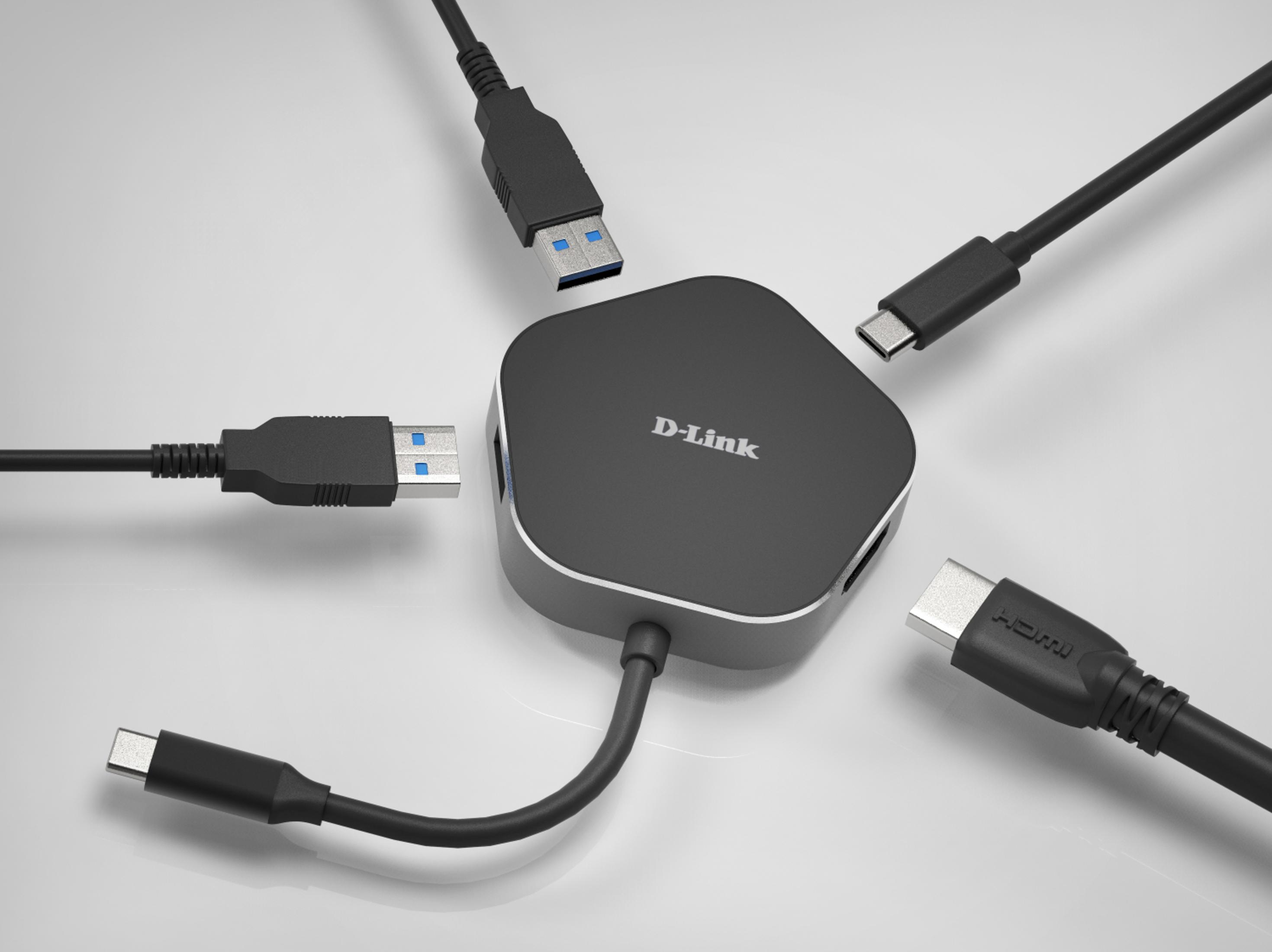 Czarny hub USB-C D-Link z podłączonymi kablami: USB-A, USB-C i HDMI.