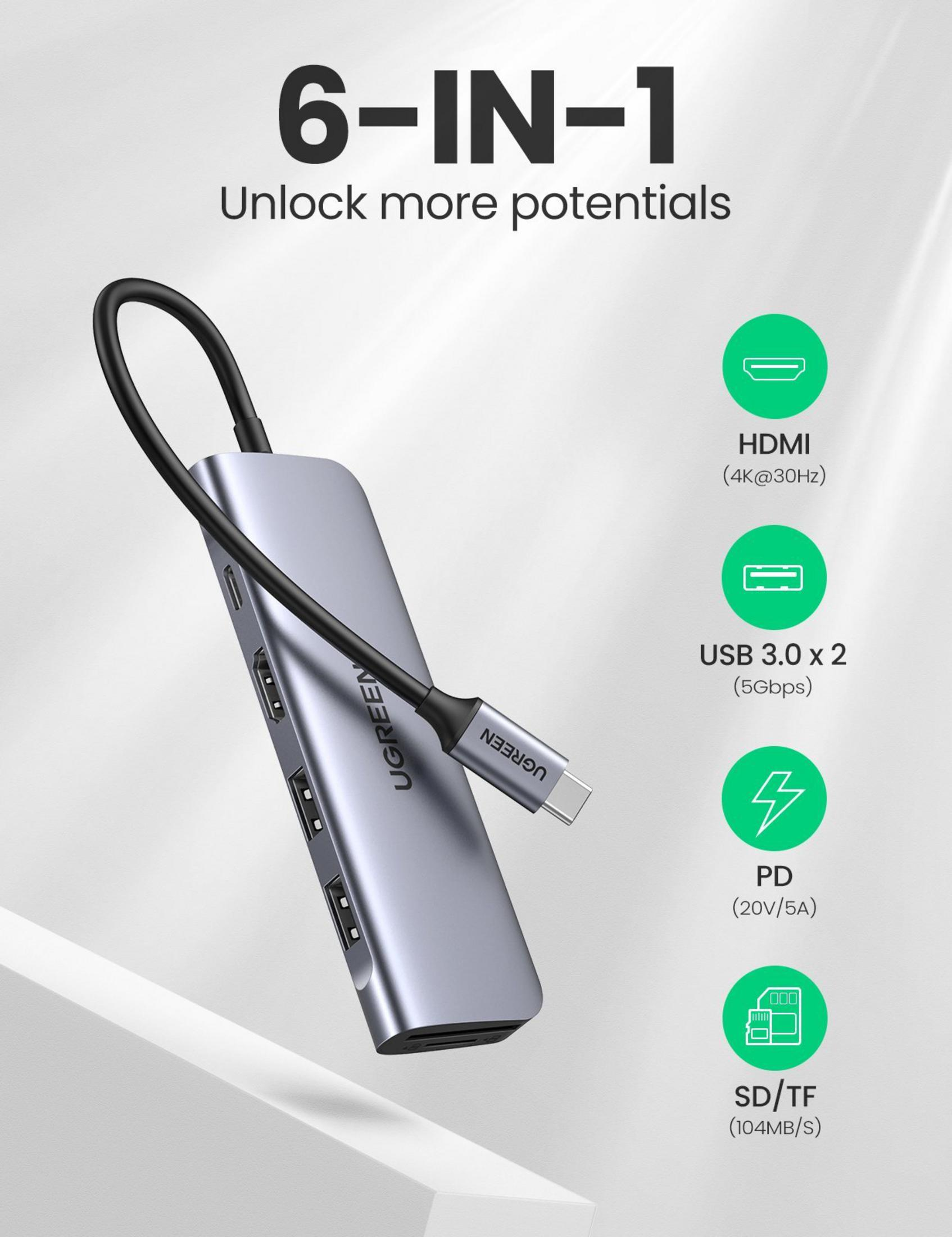 Szary hub USB-C 6 w 1 z kablem i portami: HDMI, USB 3.0, PD, SD/TF.