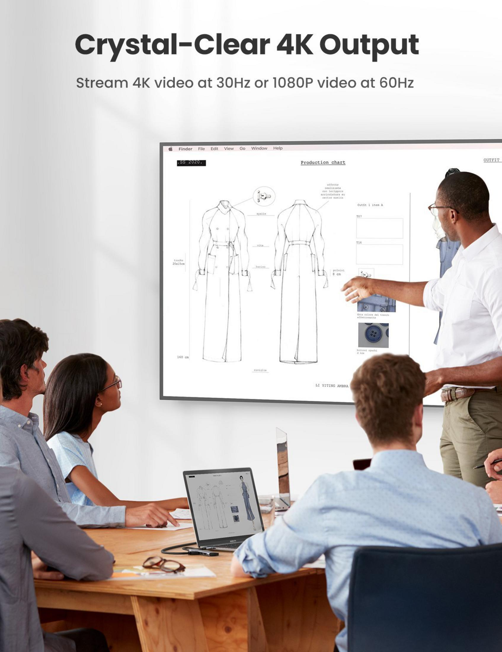 Ludzie patrzą na ekran wyświetlający szkice modowe i detale.