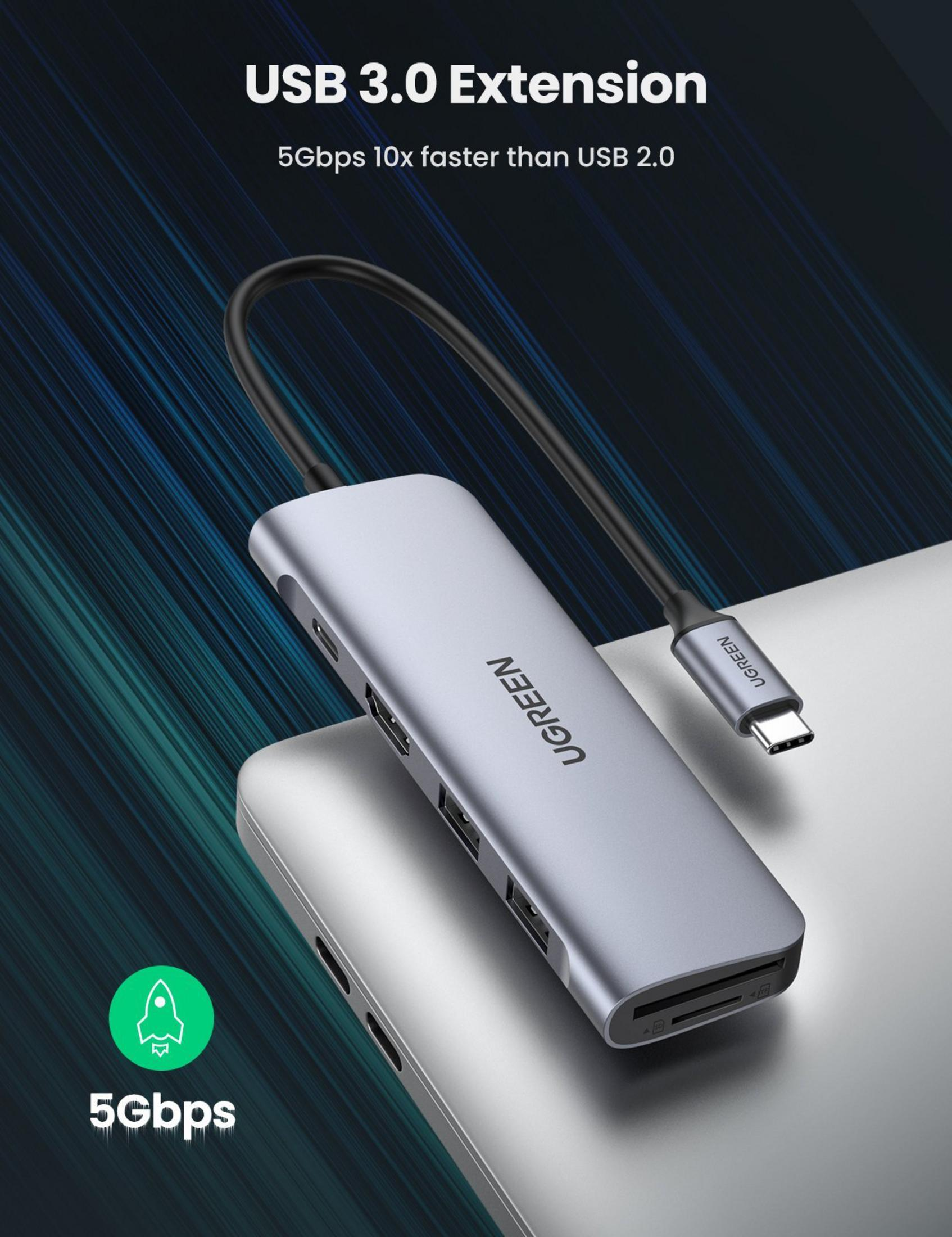 Szara stacja dokująca USB-C z wieloma portami, w tym USB-A i gniazdami kart SD.