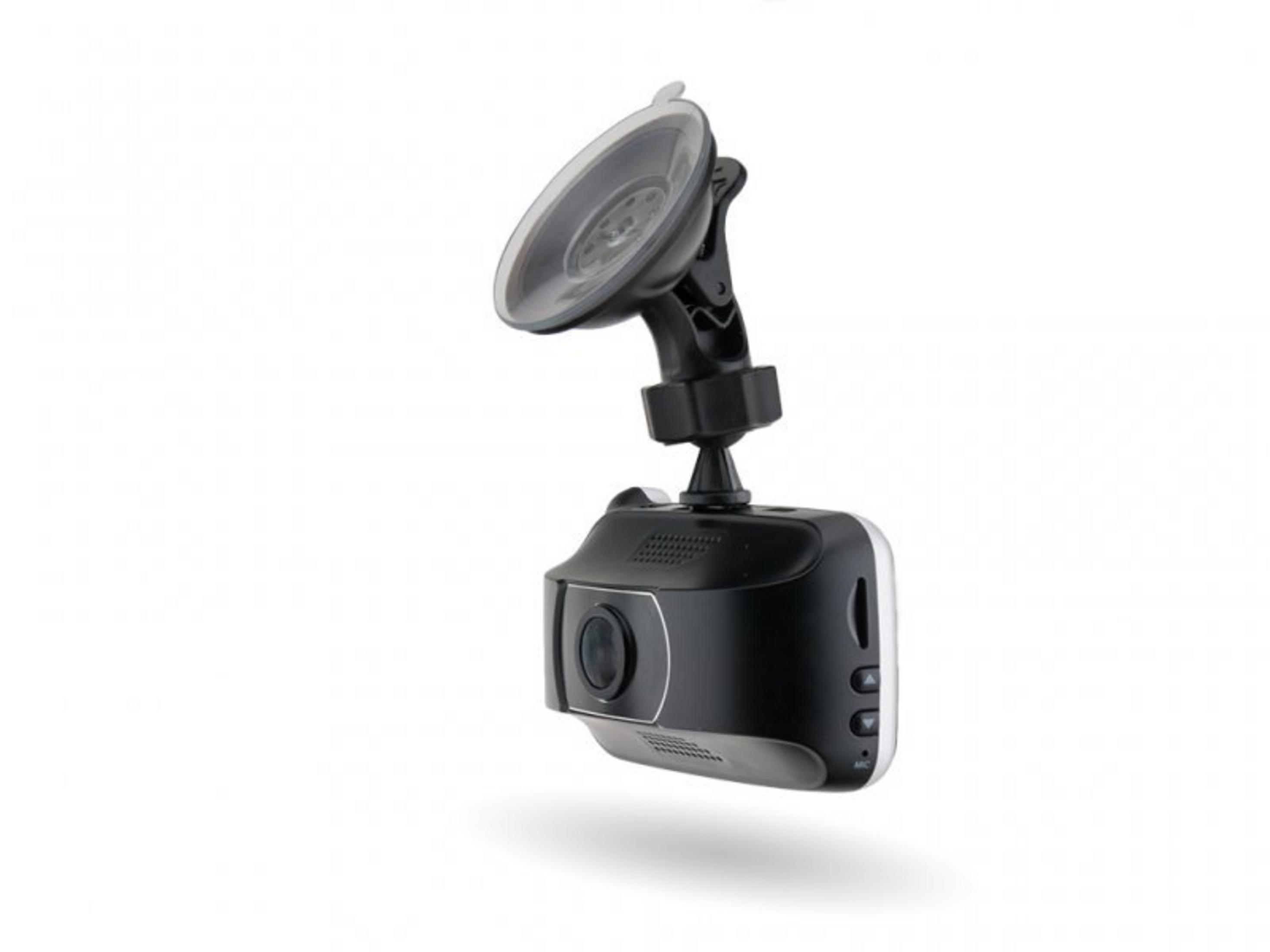 Ein schwarzer Dashcam mit Saugfußhalterung vor weißem Hintergrund.