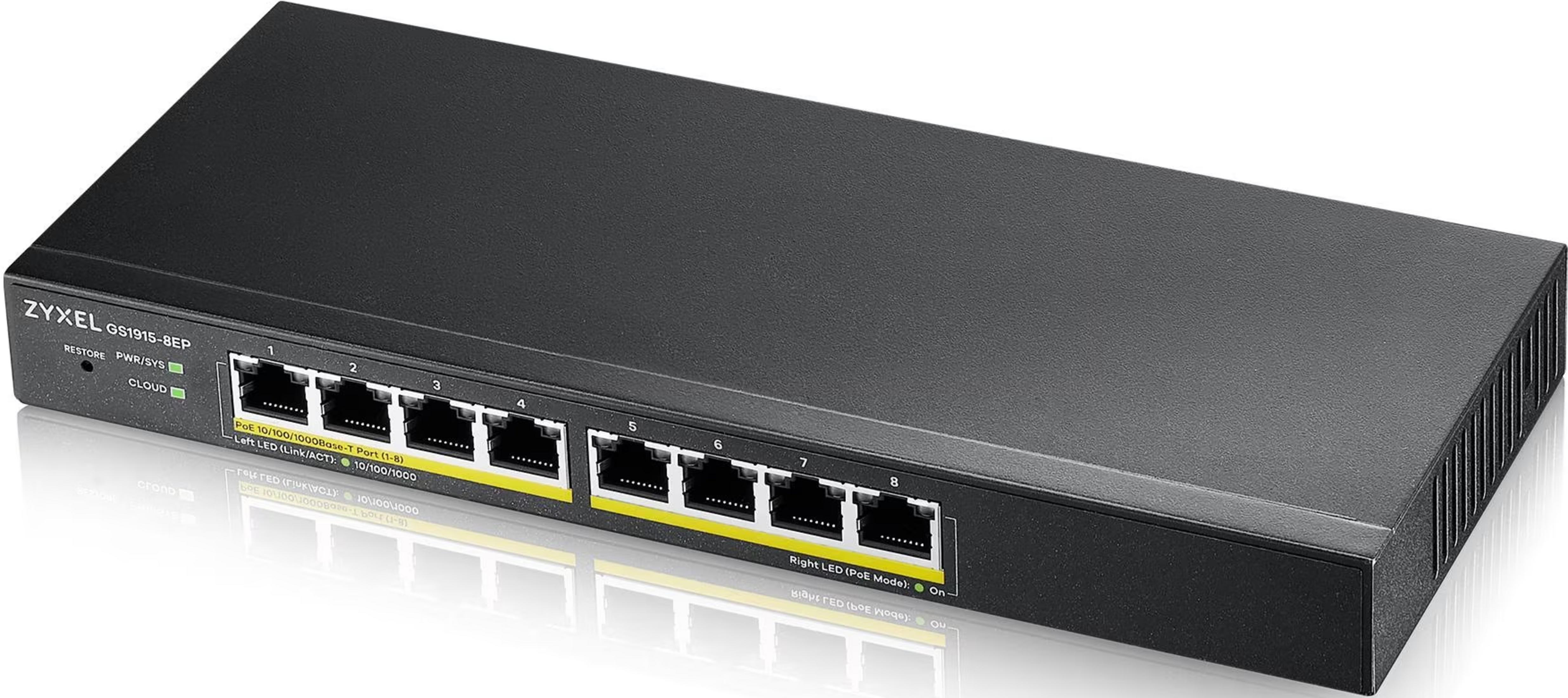 Czarny przełącznik sieciowy Zyxel GS1915-8EP z 8 portami.
