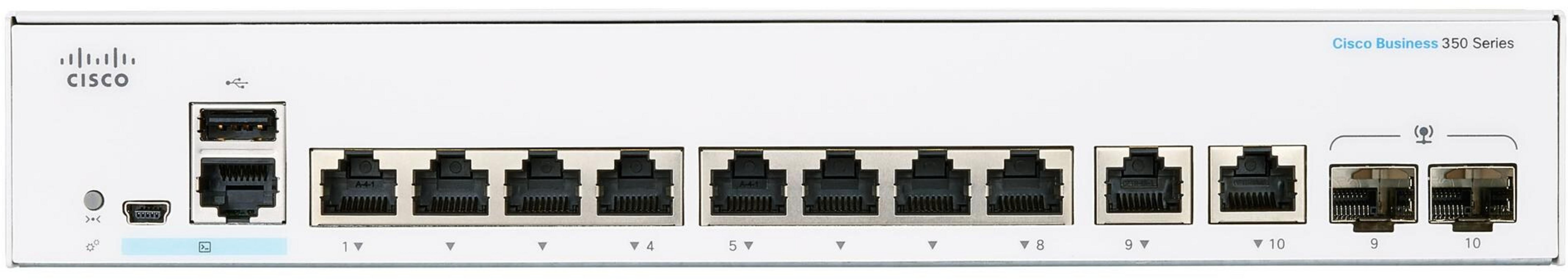 Rückseite eines weißen Cisco Business 350 Series Netzwerkschalters mit 10 Ports.