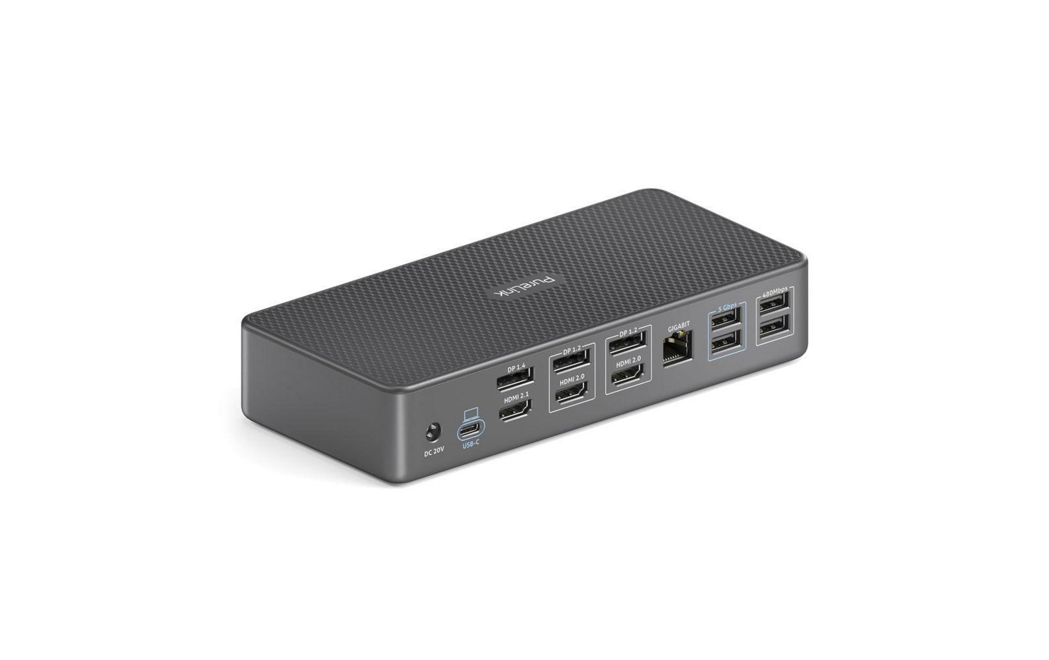 Docking station grigia con porte: DC, USB-C, DP, HDMI, GIGABIT, USB.