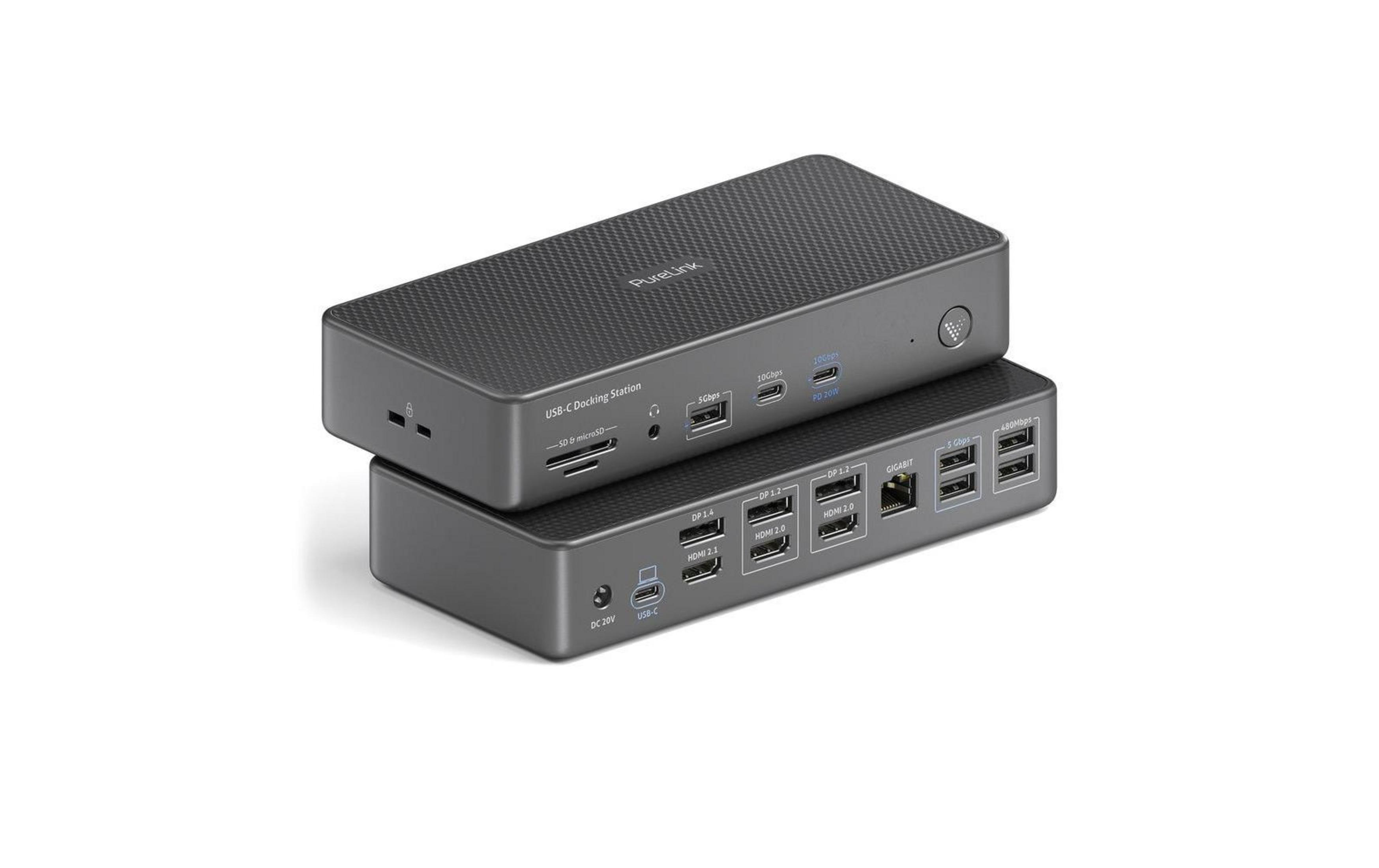 Due docking station USB-C grigie impilate, con varie porte.