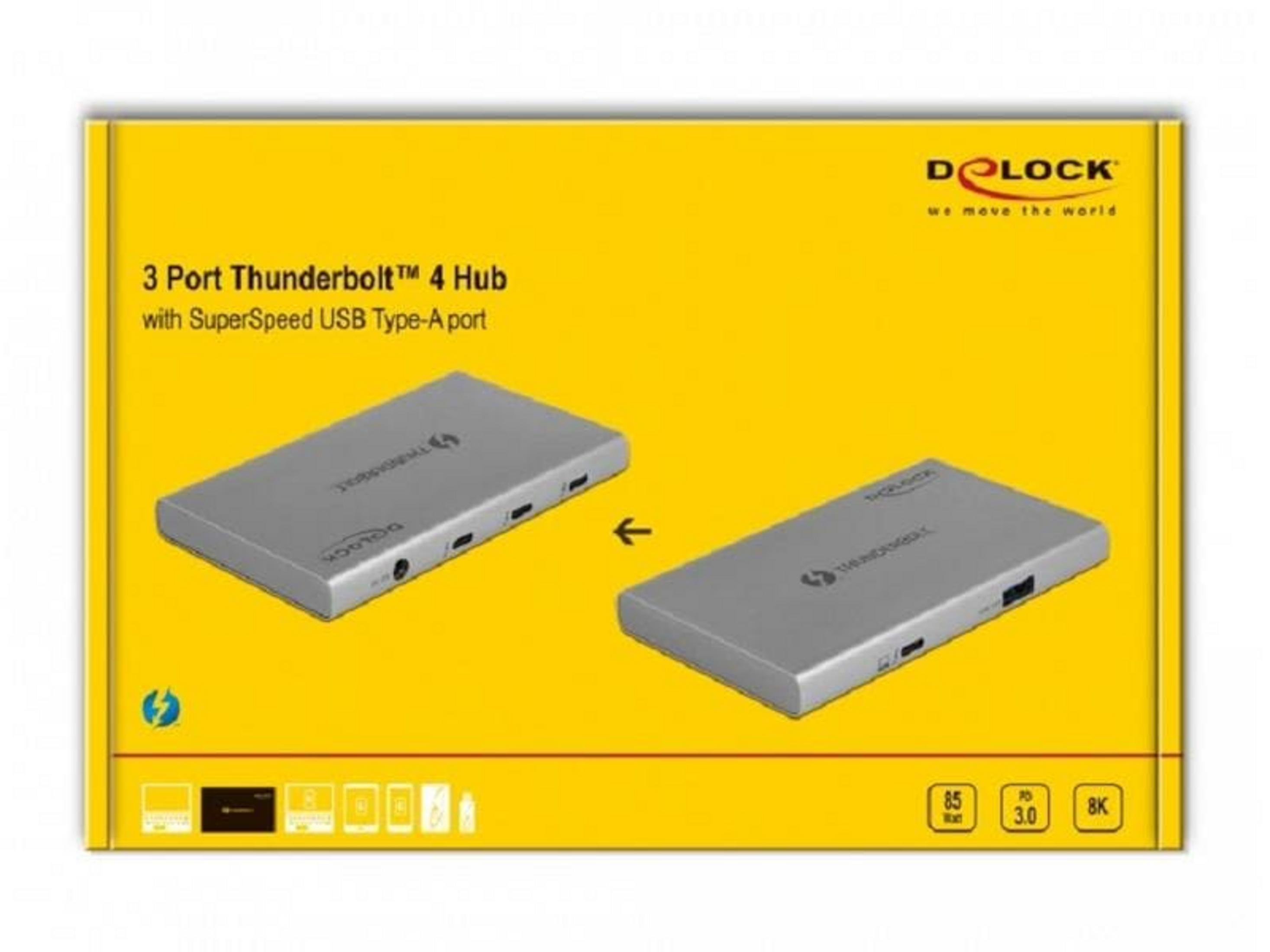 Hub Thunderbolt 4 grigio a 3 porte con porta USB-A su confezione gialla.