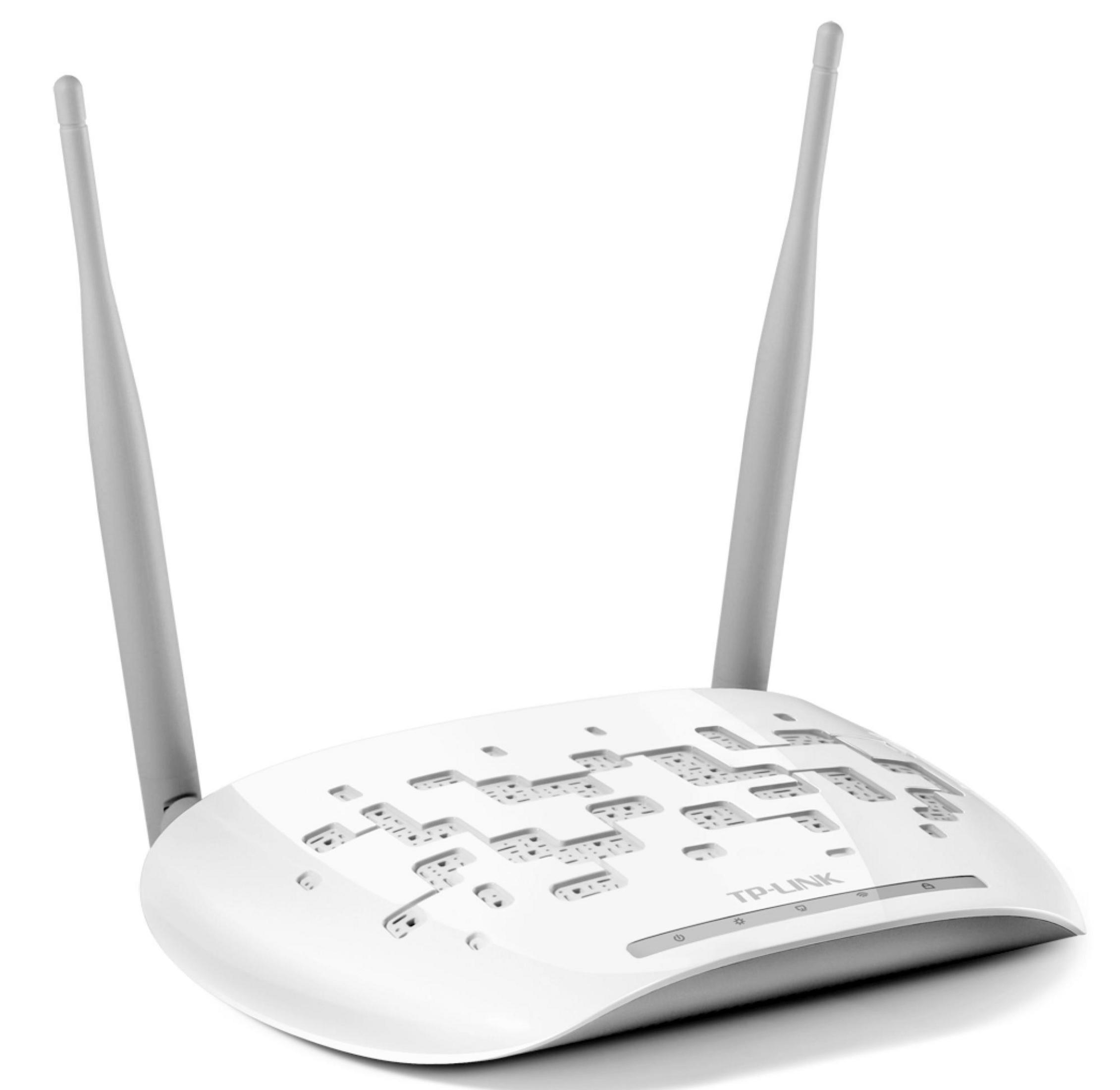 Ein weißer TP-Link Router mit zwei Antennen auf weißem Hintergrund.