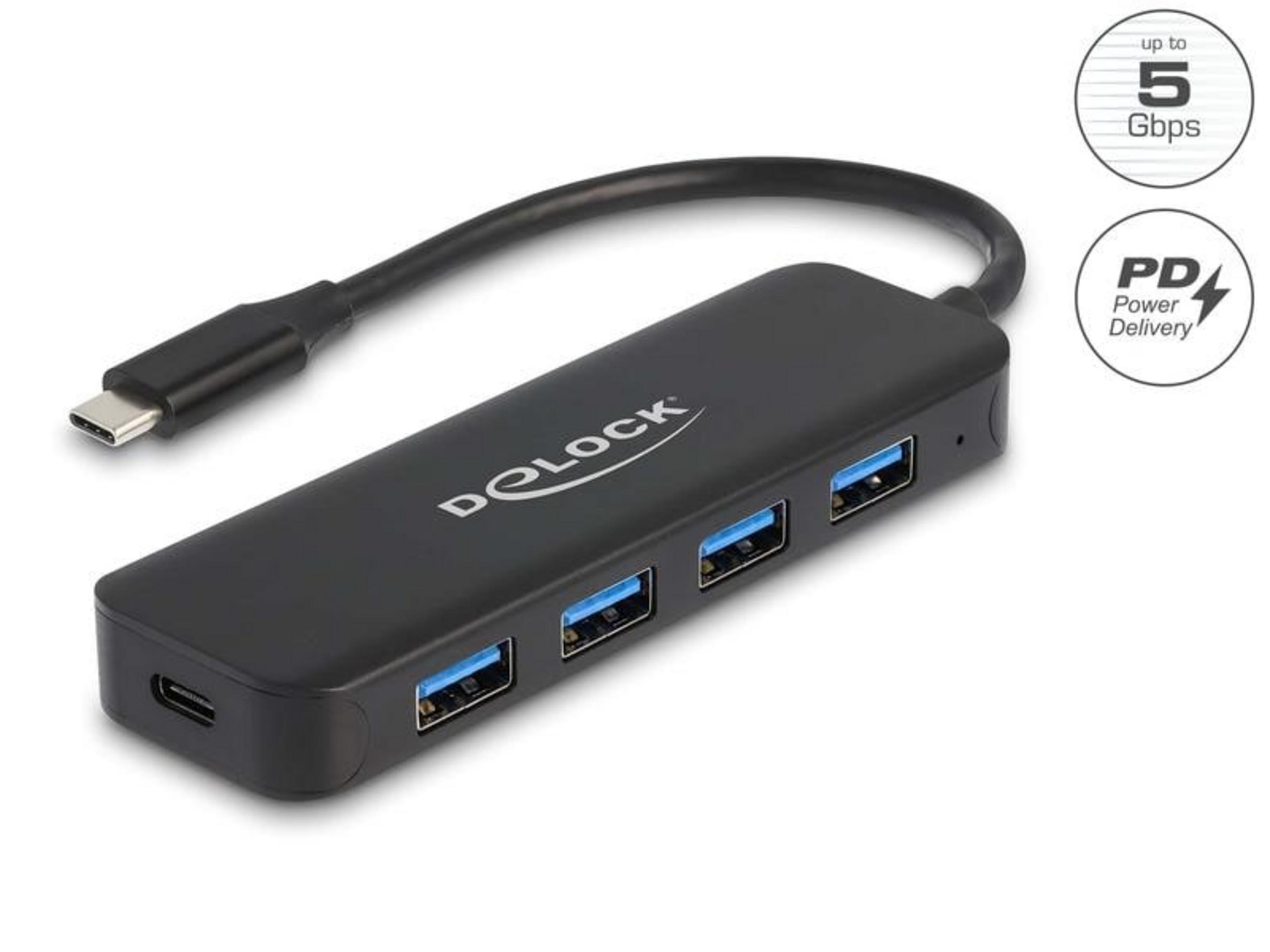 Hub USB-C nero con quattro porte USB-A e logo PD.