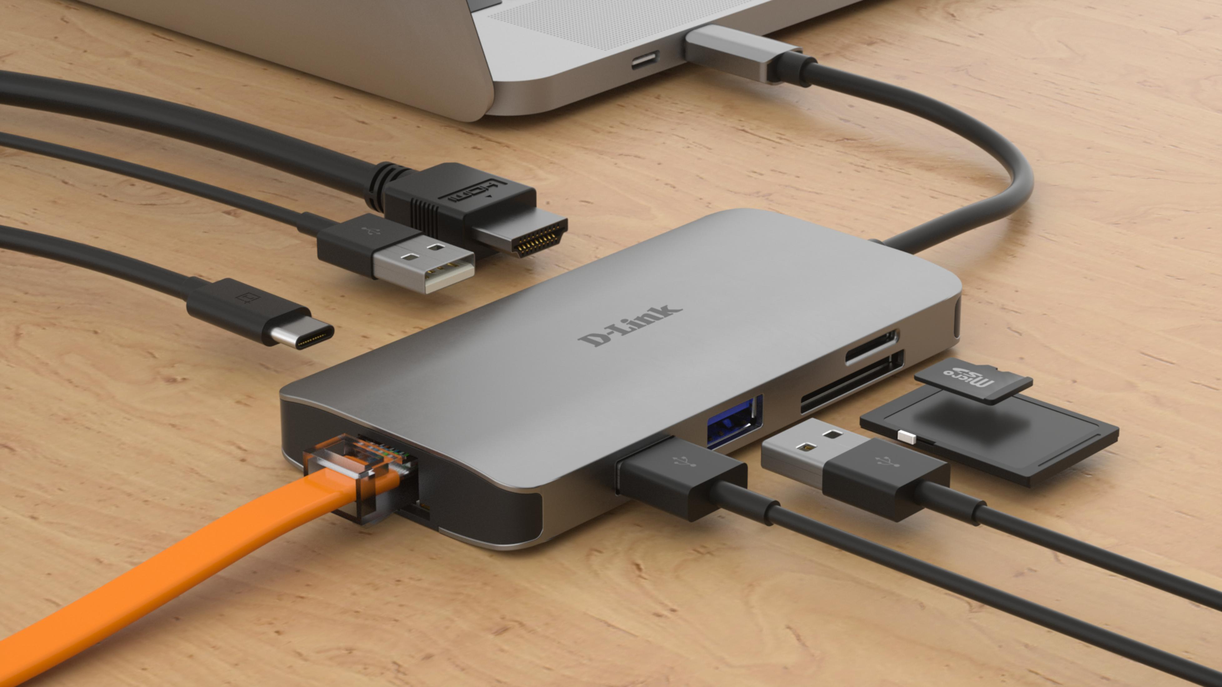 Hub USB-C D-Link z wieloma portami, w tym Ethernet i gniazda kart SD.