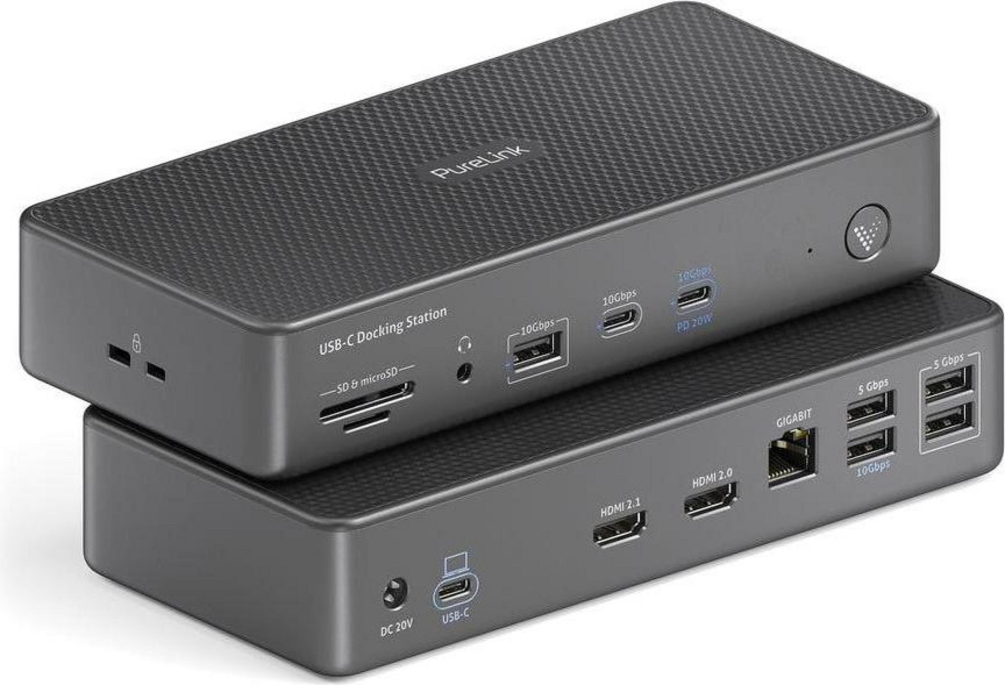 Due docking station USB-C grigie con porte come USB, HDMI e lettore di schede SD.