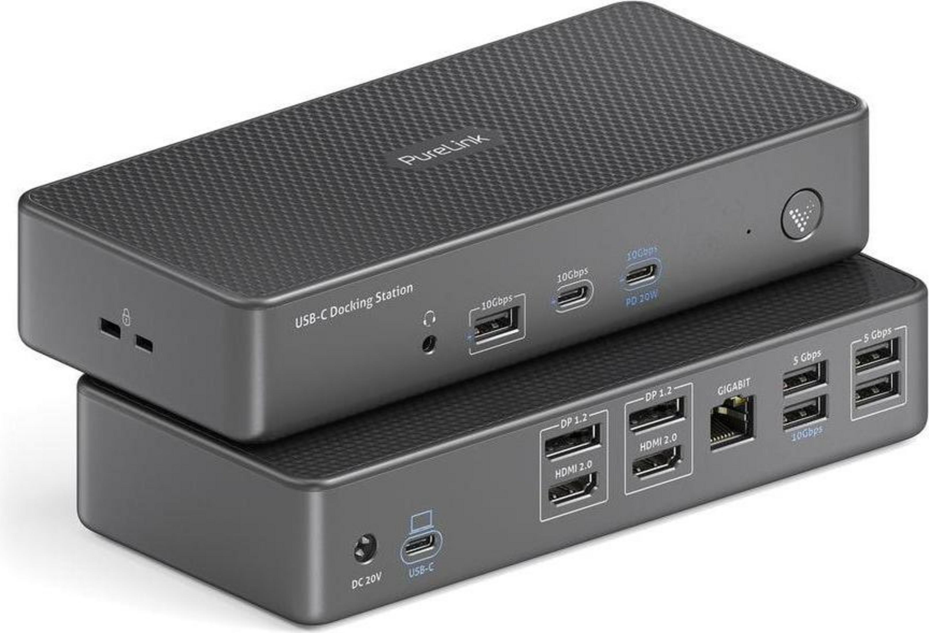 Due docking station PureLink USB-C grigie con più porte.